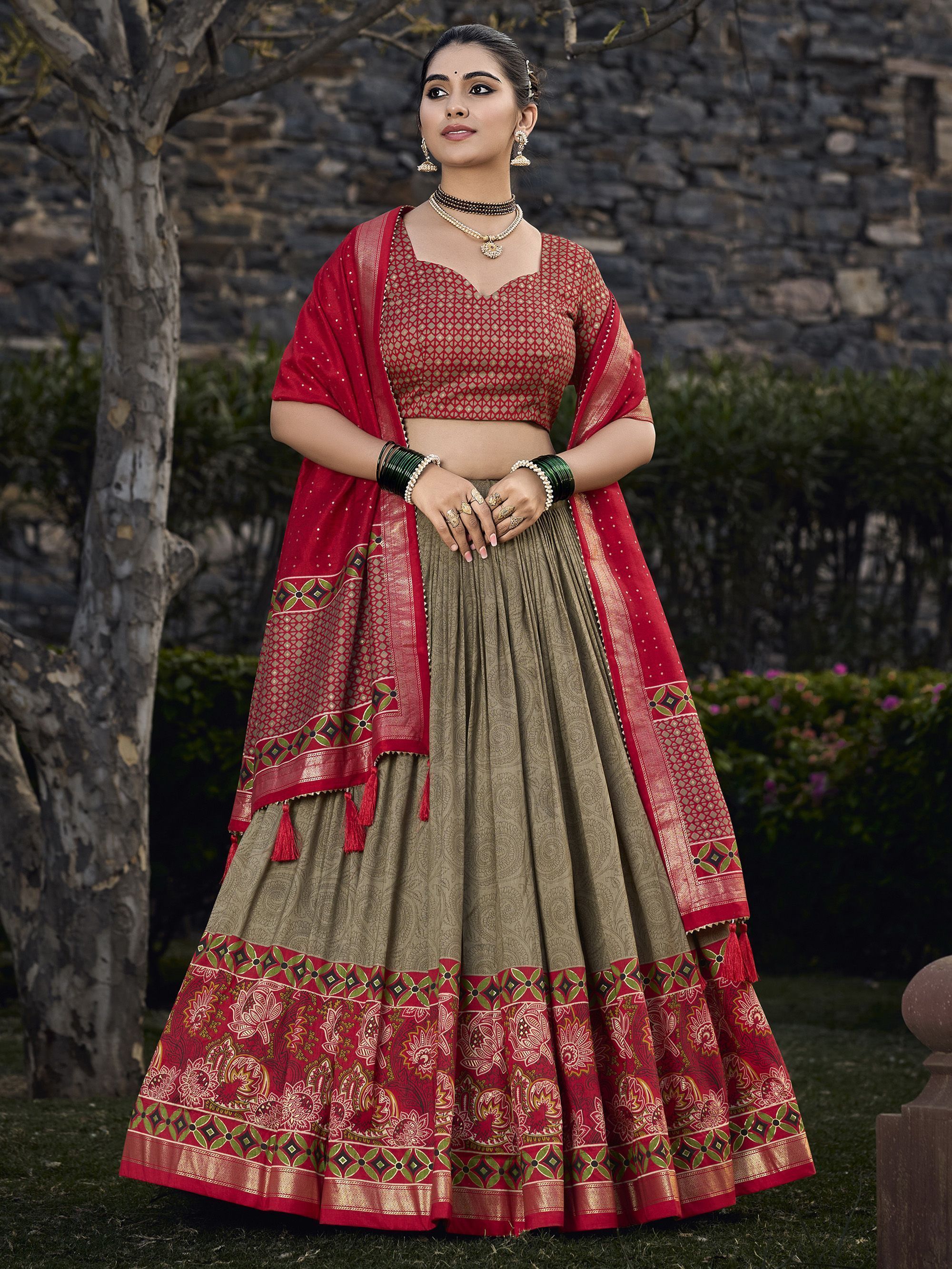 Olive Green Foil & Printed Tussar Silk Lehenga Choli For Garba