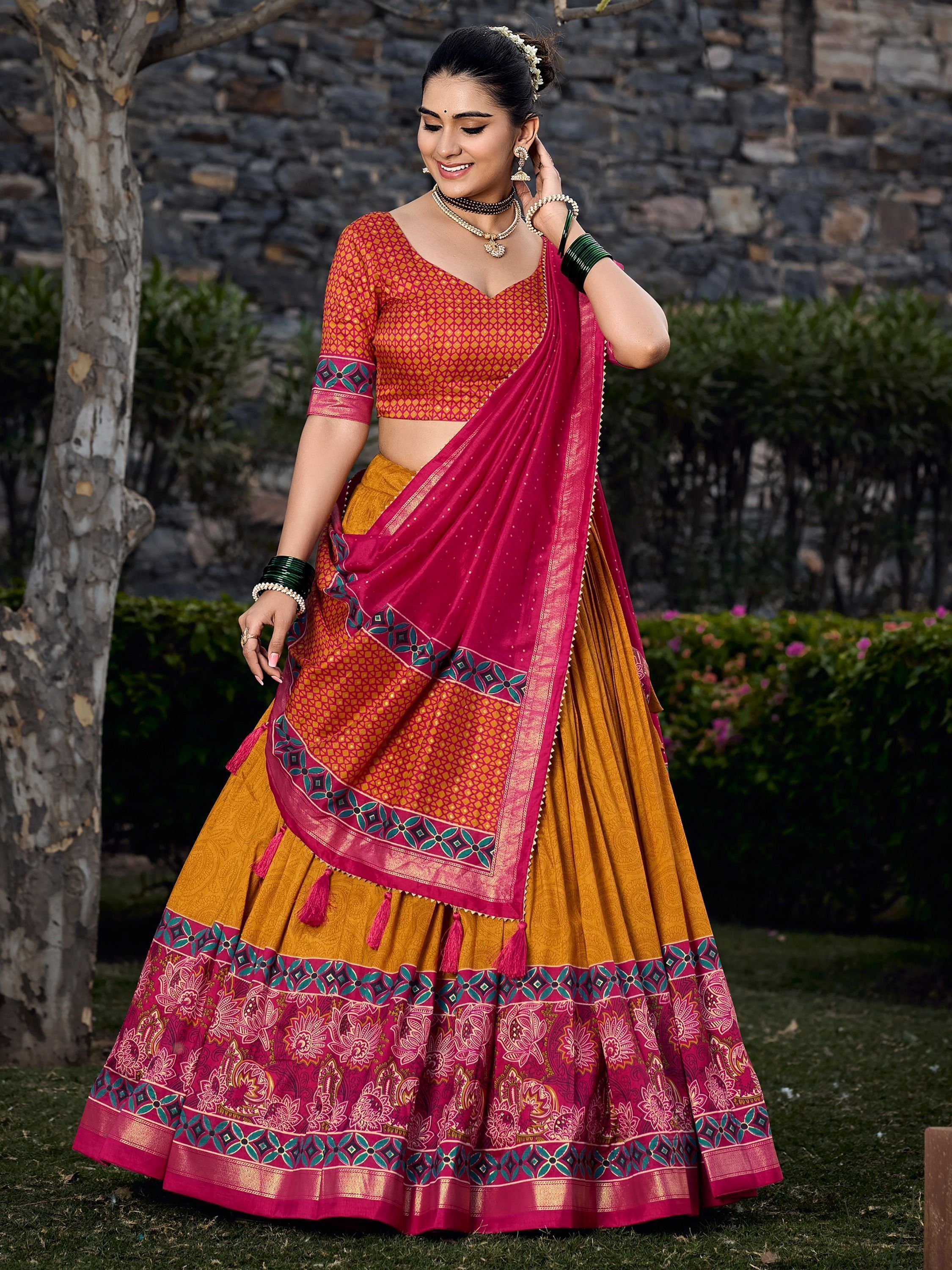 Mustard Foil & Printed Tussar Silk Lehenga Choli For Garba