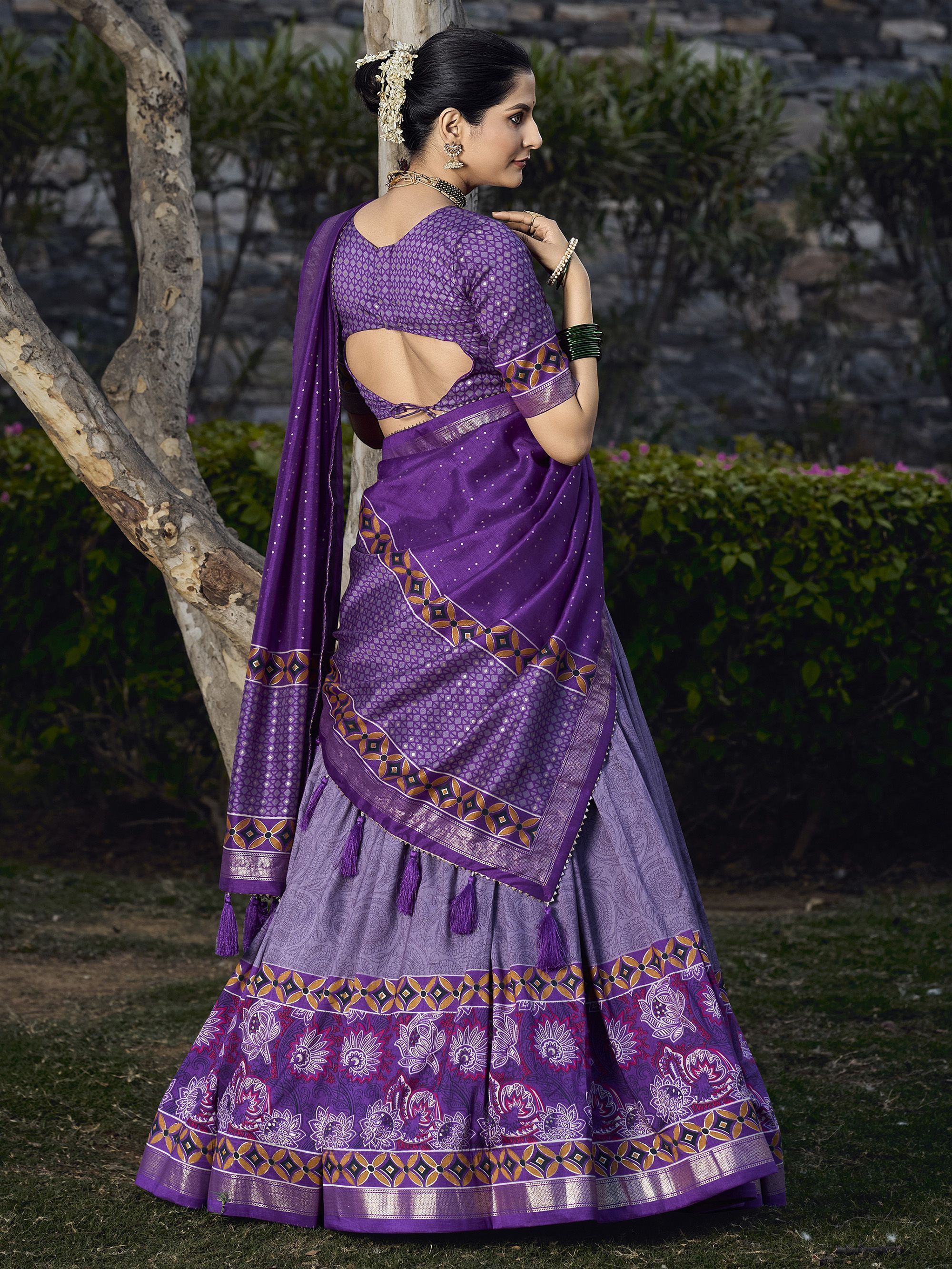 Purple Foil & Printed Tussar Silk Lehenga Choli For Garba