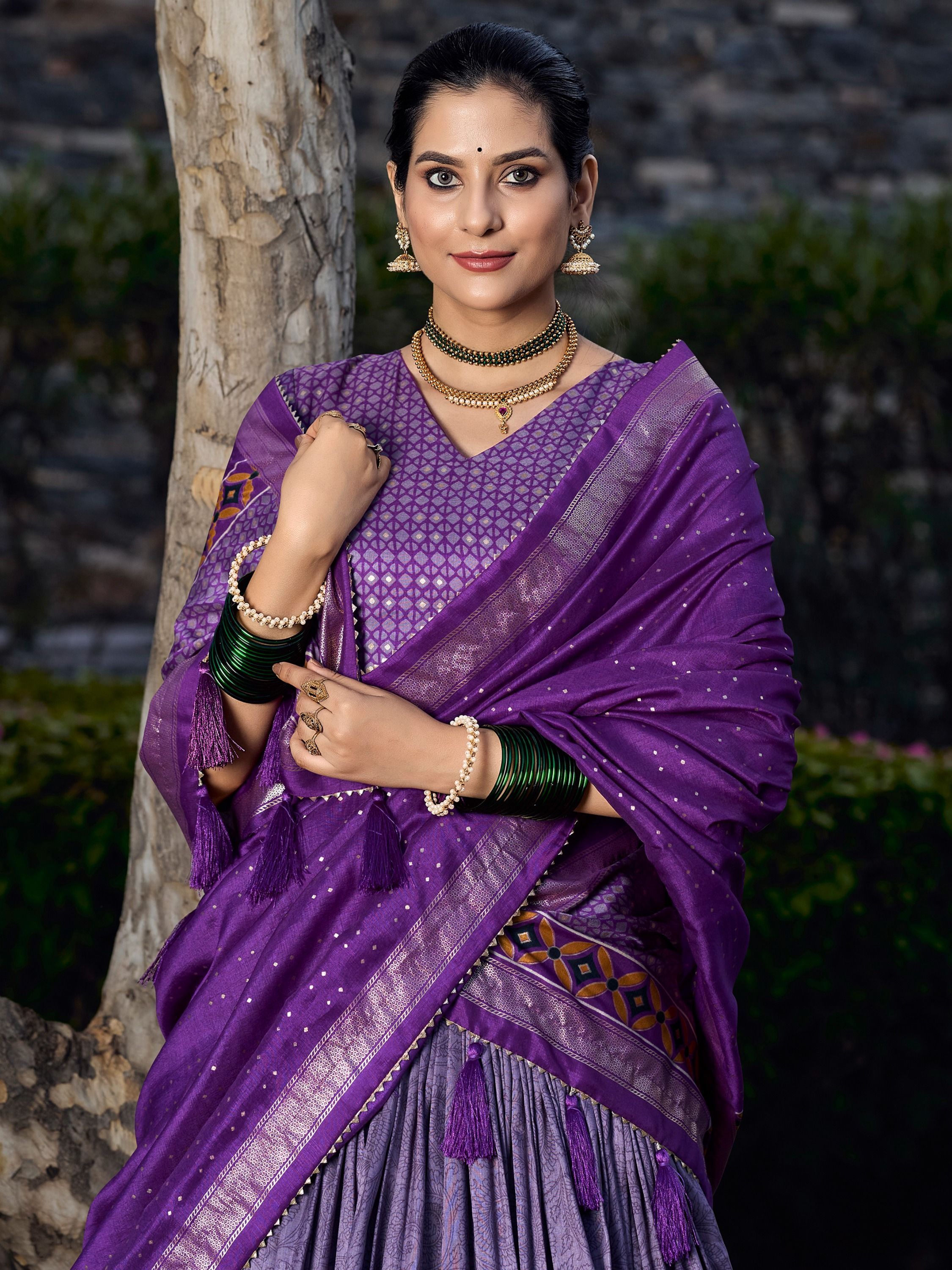 Purple Foil & Printed Tussar Silk Lehenga Choli For Garba