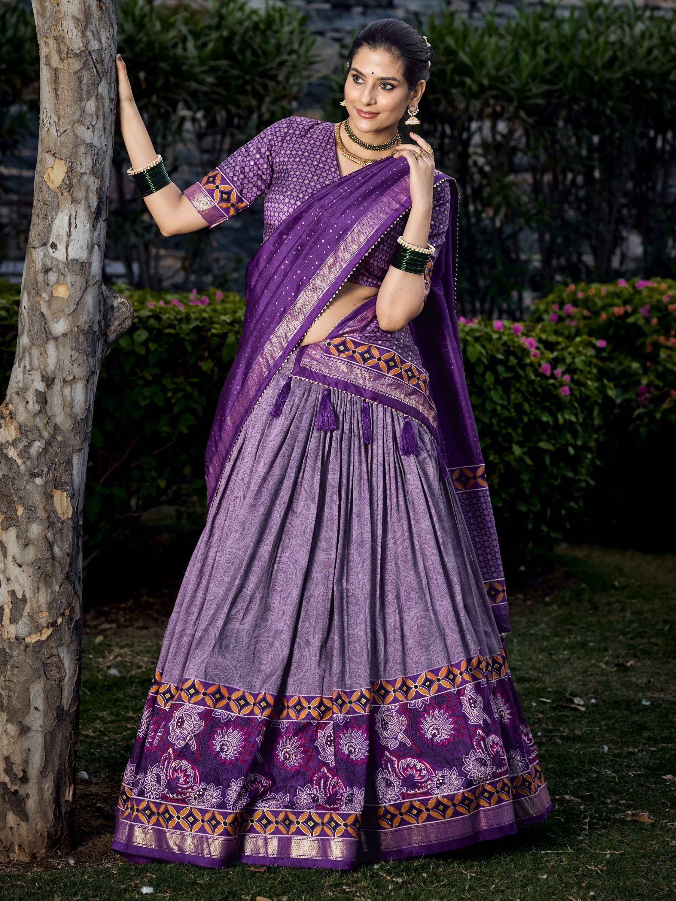 Purple Foil & Printed Tussar Silk Lehenga Choli For Garba