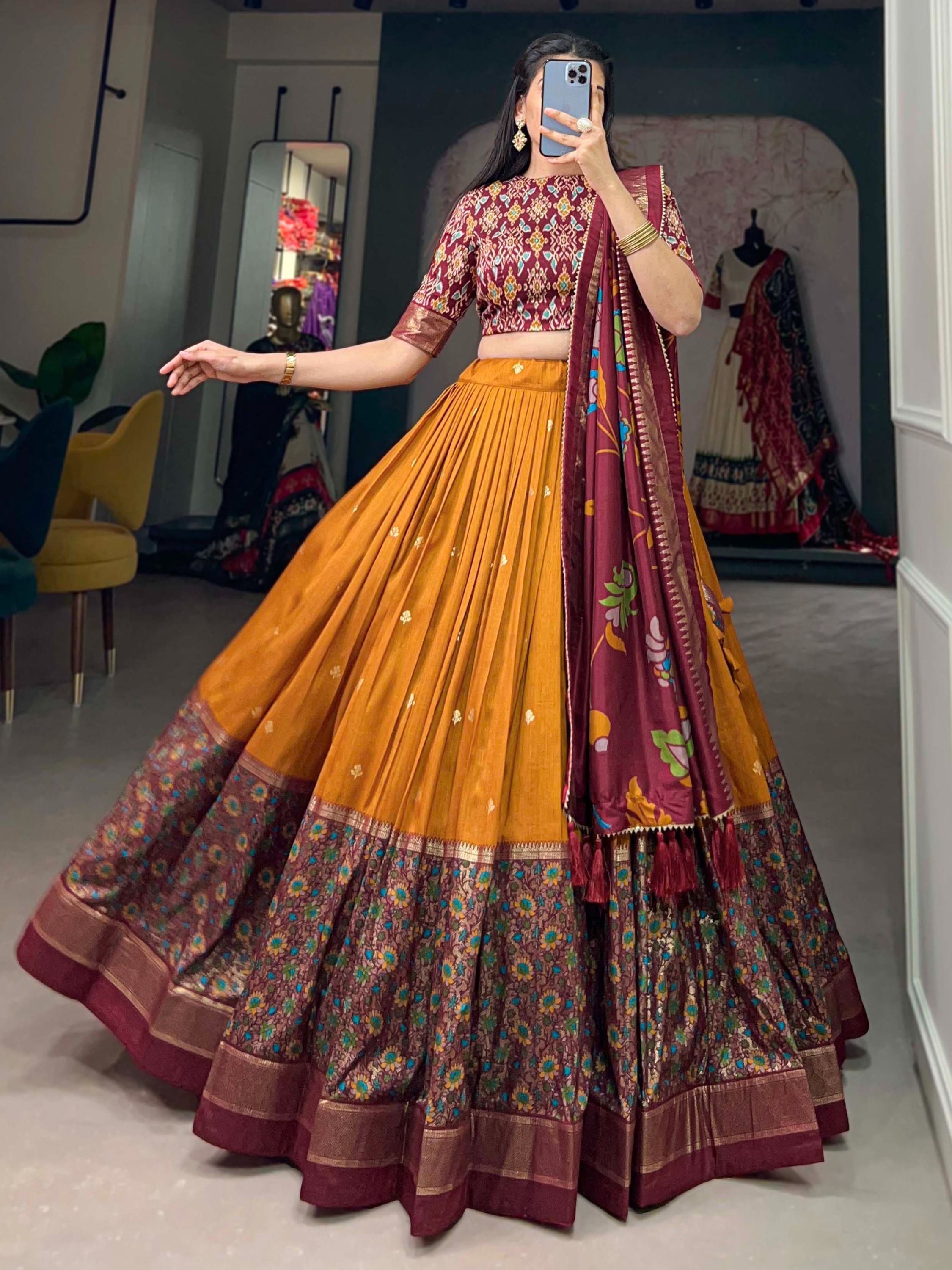 Mustard Tussar Silk Digital Printed Lehenga Choli For Navratri