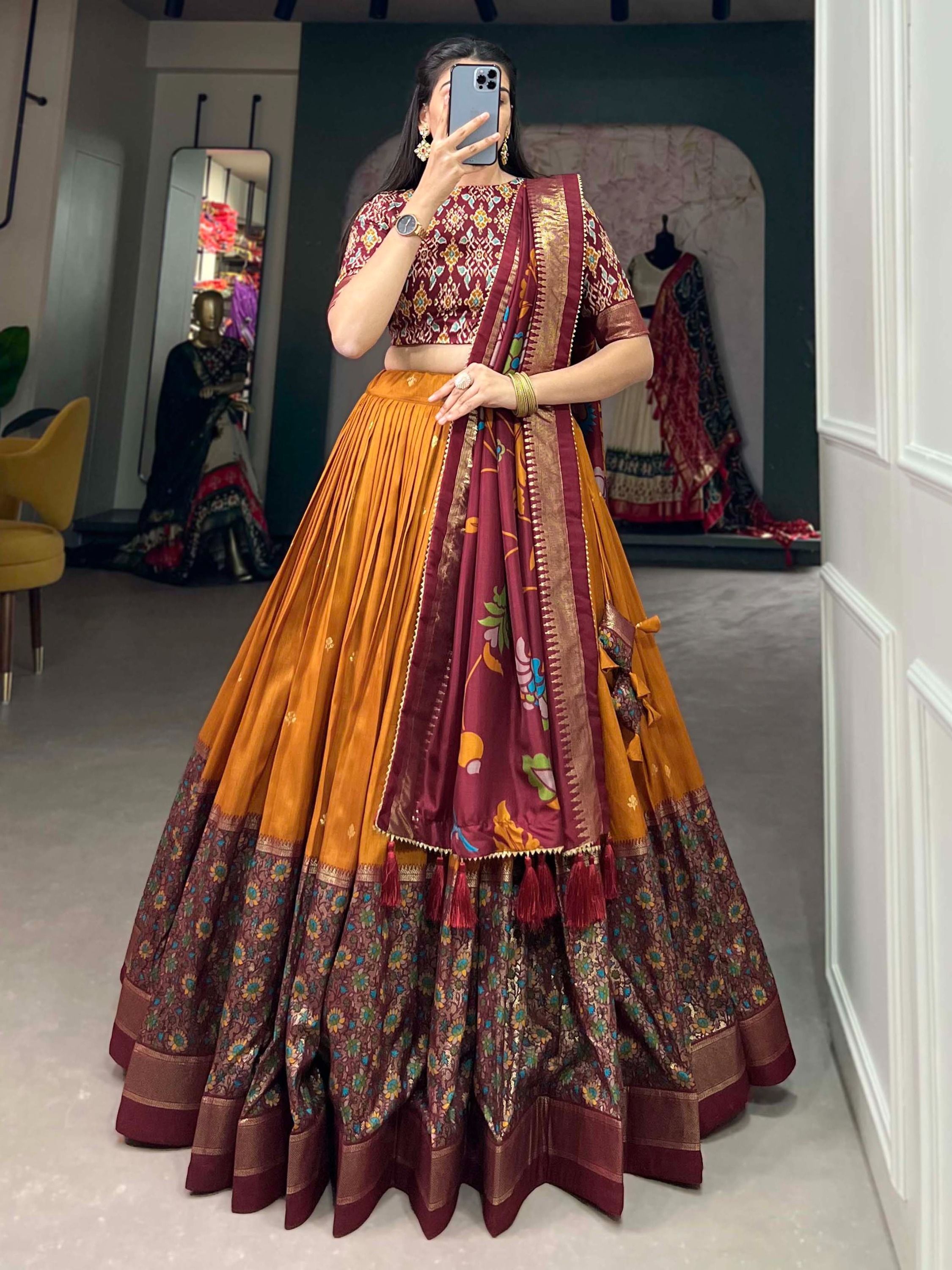 Mustard Tussar Silk Digital Printed Lehenga Choli For Navratri