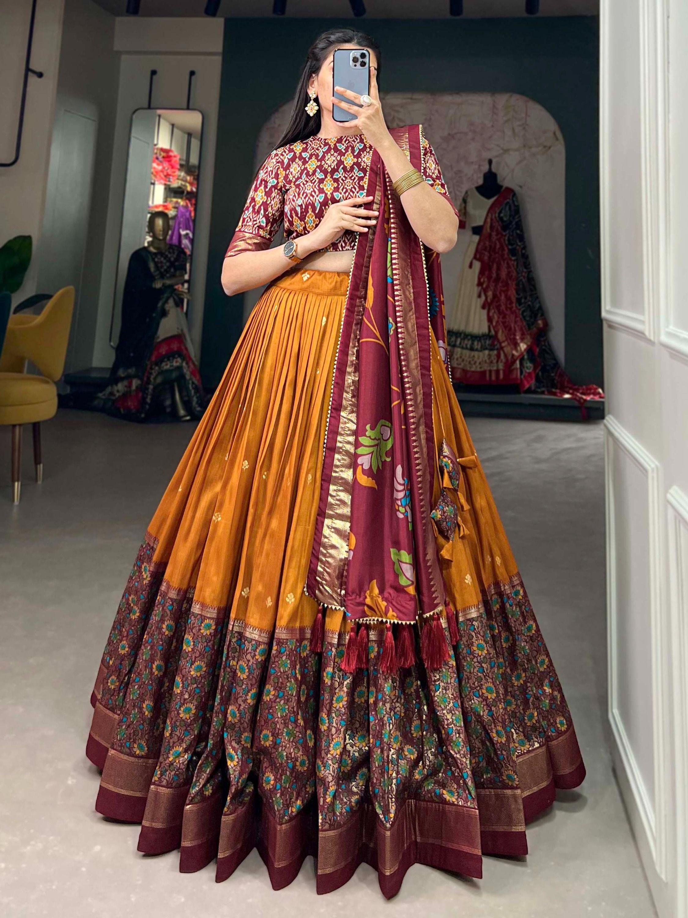 Mustard Tussar Silk Digital Printed Lehenga Choli For Navratri