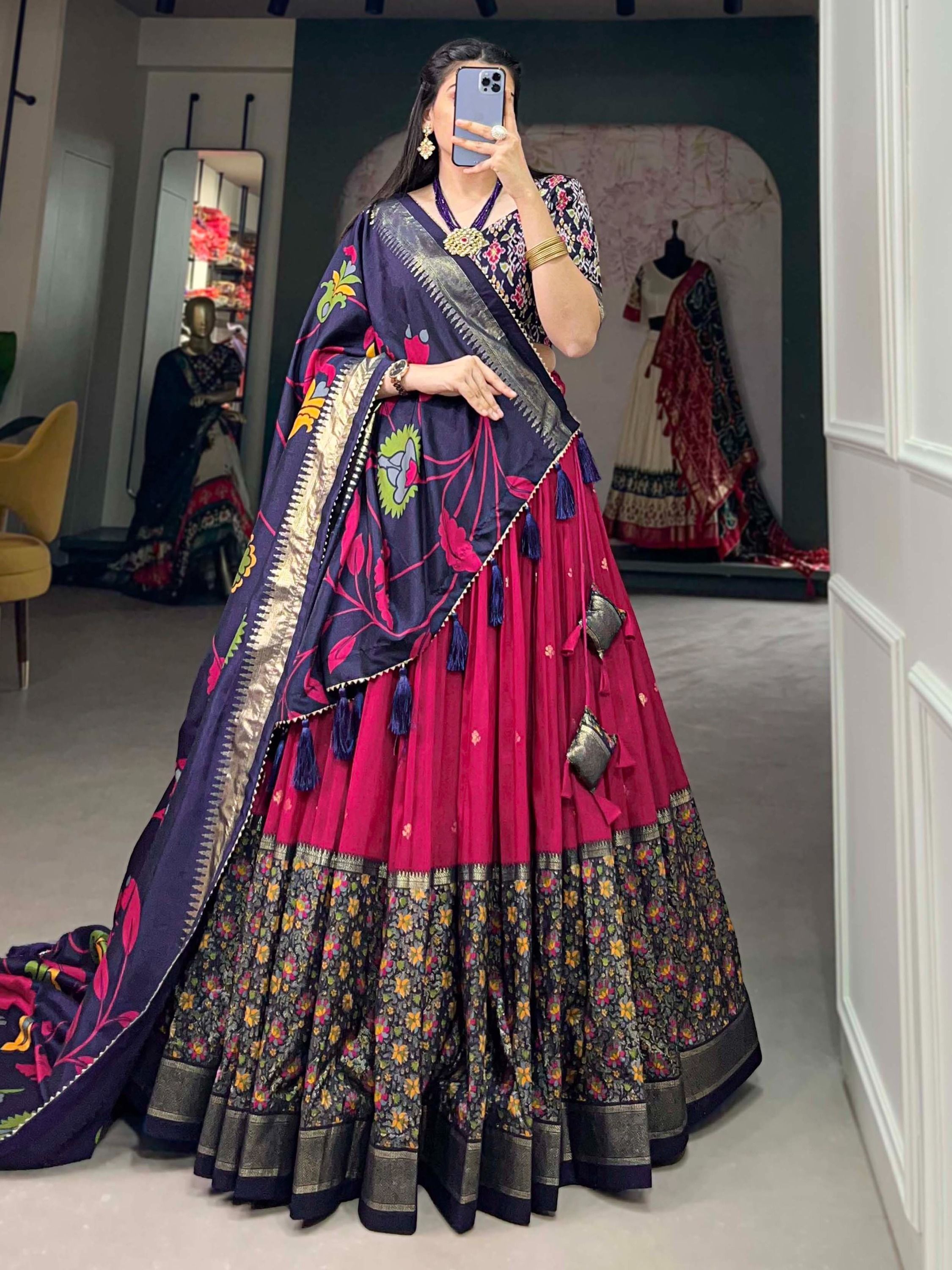 Rani Pink Tussar Silk Digital Printed Lehenga Choli For Navratri