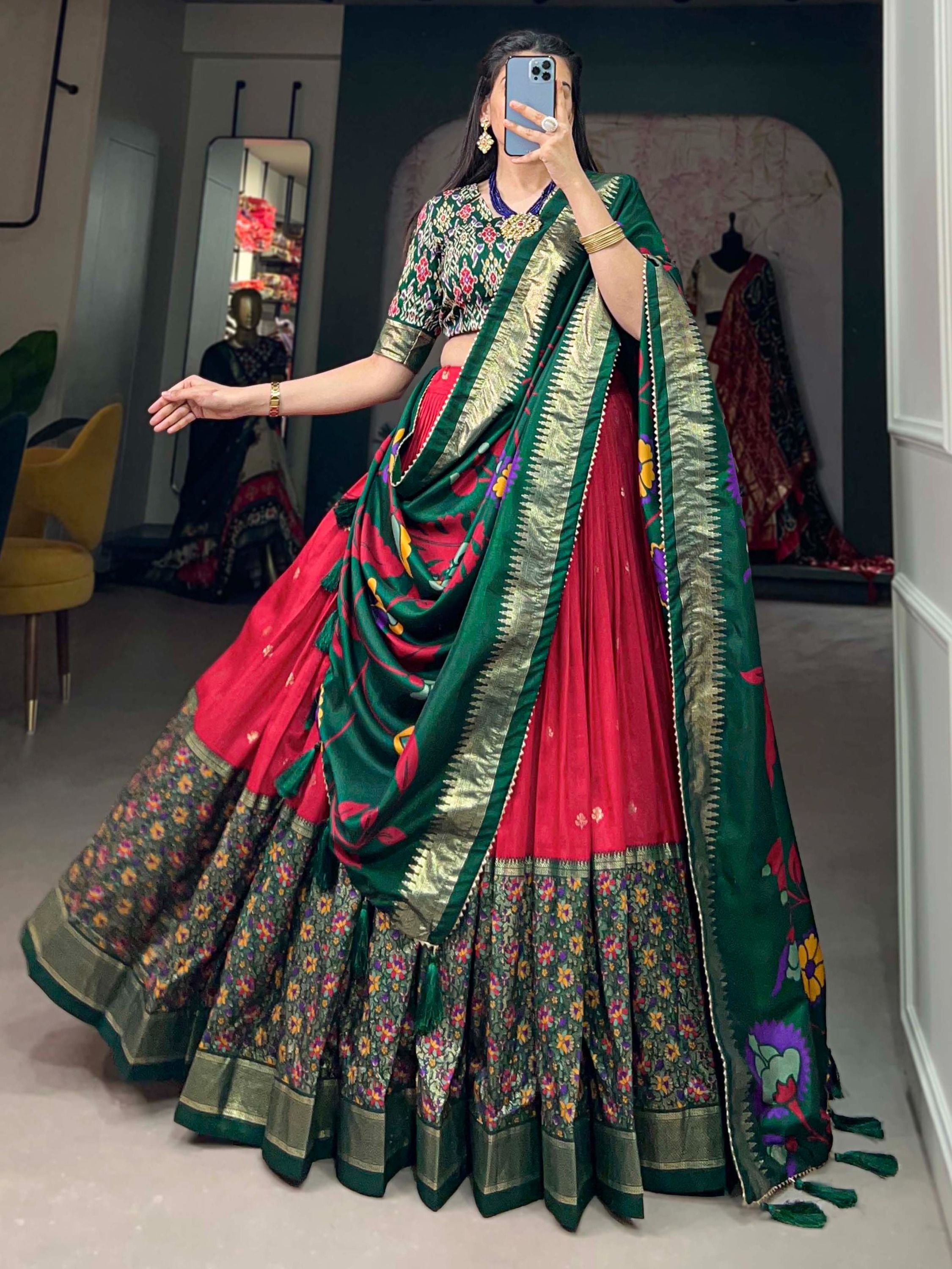 Red Tussar Silk Digital Printed Lehenga Choli For Navratri