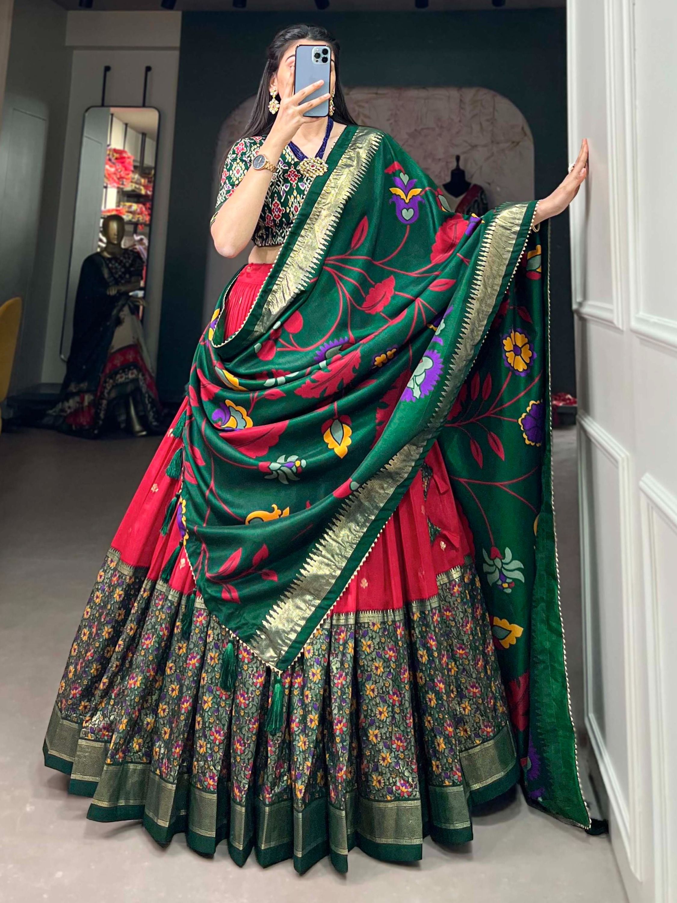 Red Tussar Silk Digital Printed Lehenga Choli For Navratri