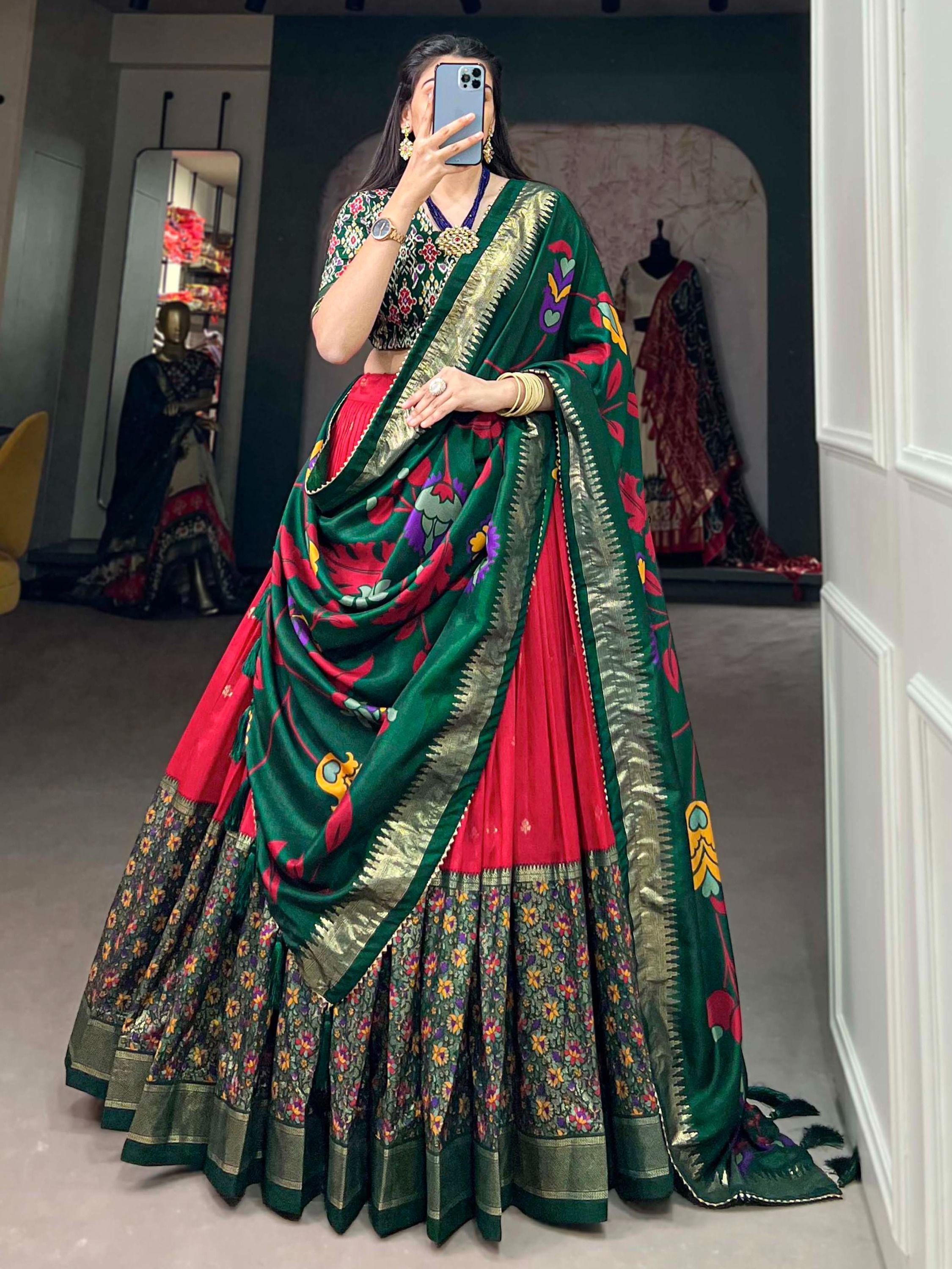 Red Tussar Silk Digital Printed Lehenga Choli For Navratri