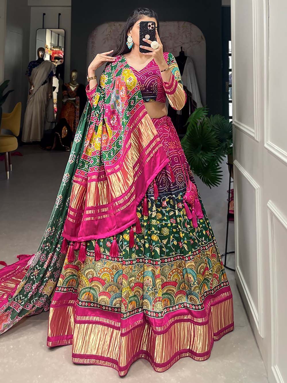 Multicolor Digital Printed Gaji Silk Lehenga Choli For Navratri