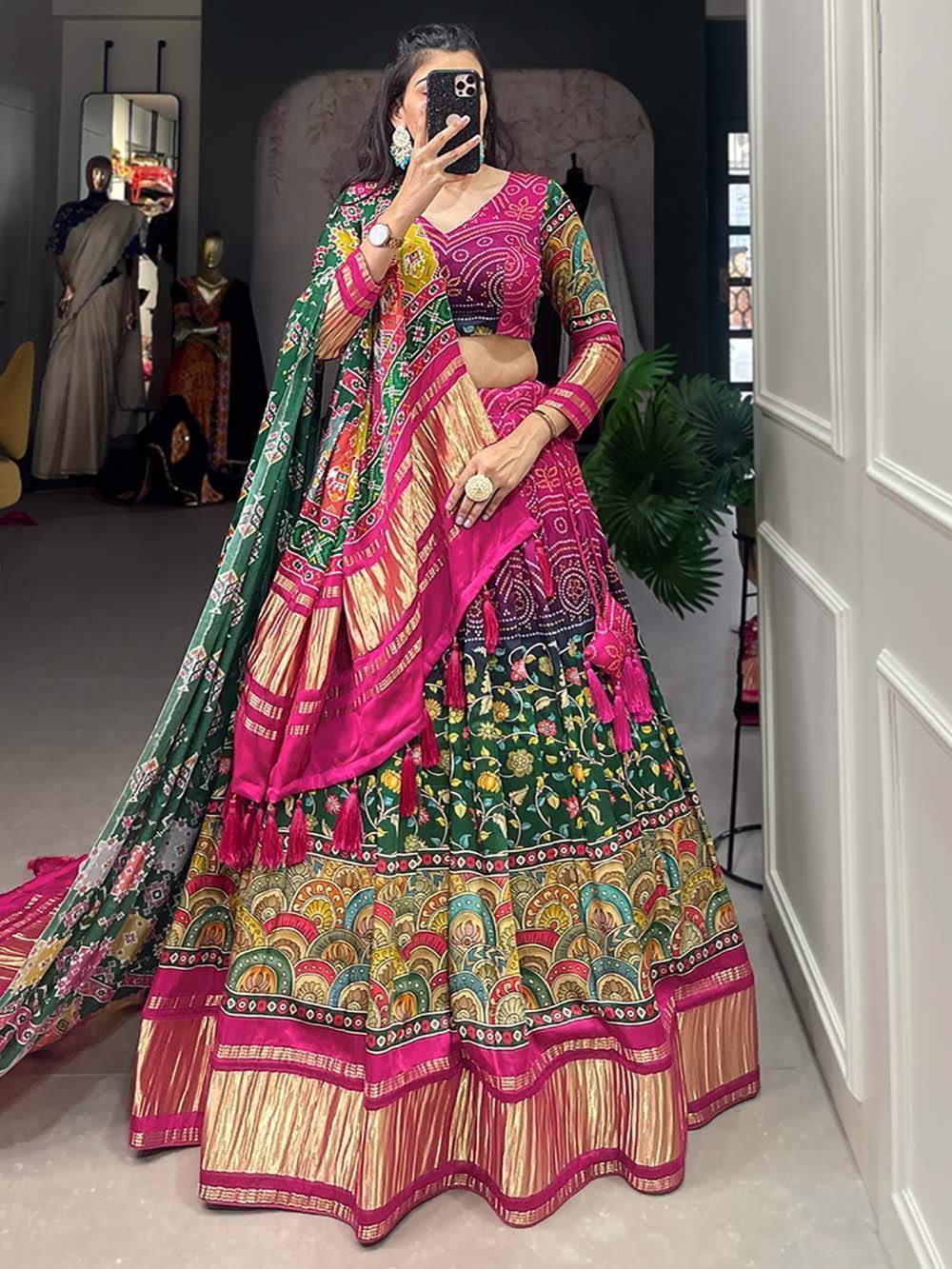 Multicolor Digital Printed Gaji Silk Lehenga Choli For Navratri