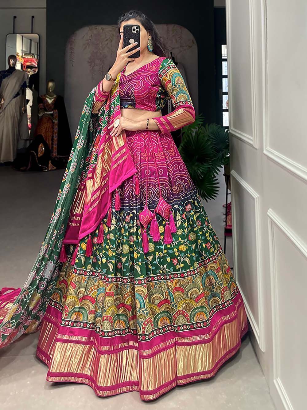 Multicolor Digital Printed Gaji Silk Lehenga Choli For Navratri