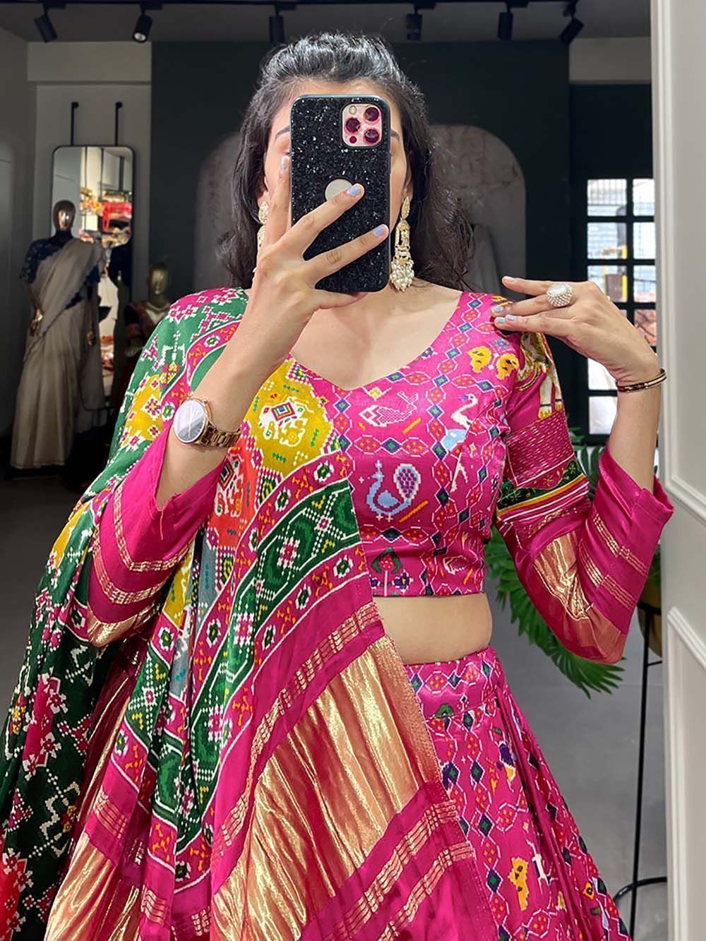 Pink Digital Printed Gaji Silk Lehenga Choli For Navratri