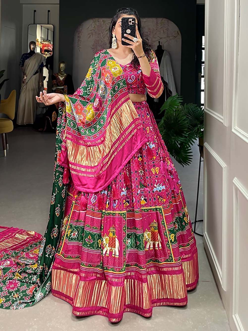 Pink Digital Printed Gaji Silk Lehenga Choli For Navratri