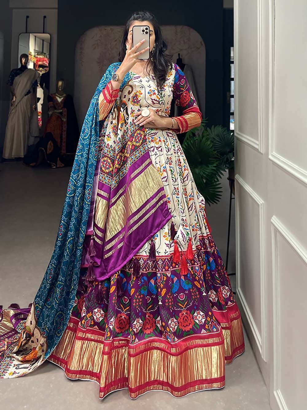 White Digital Printed Gaji Silk Lehenga Choli For Navratri