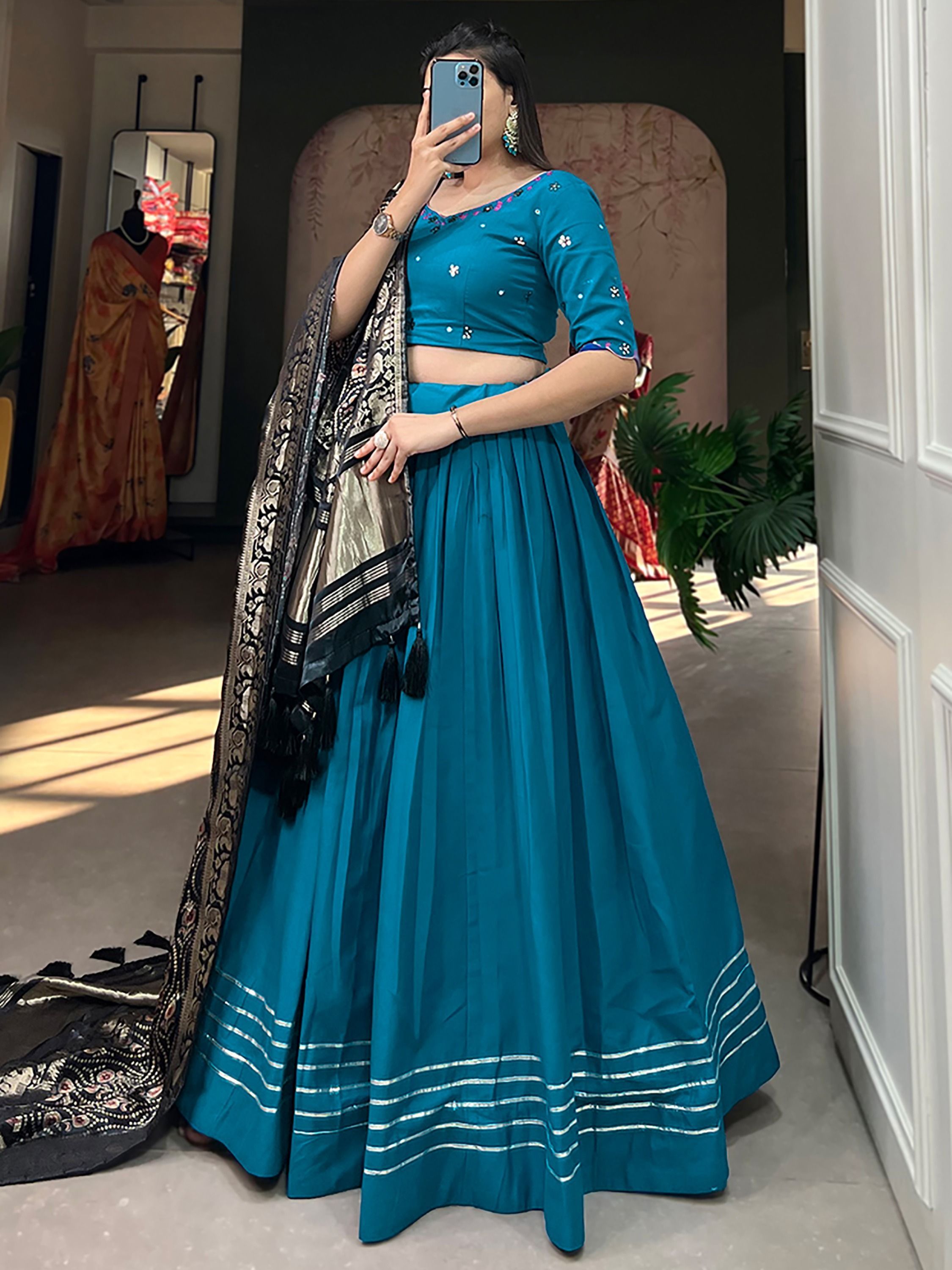 Rama Blue Cotton Plain Navratri Lehenga Choli With Gaji Silk Dupatta