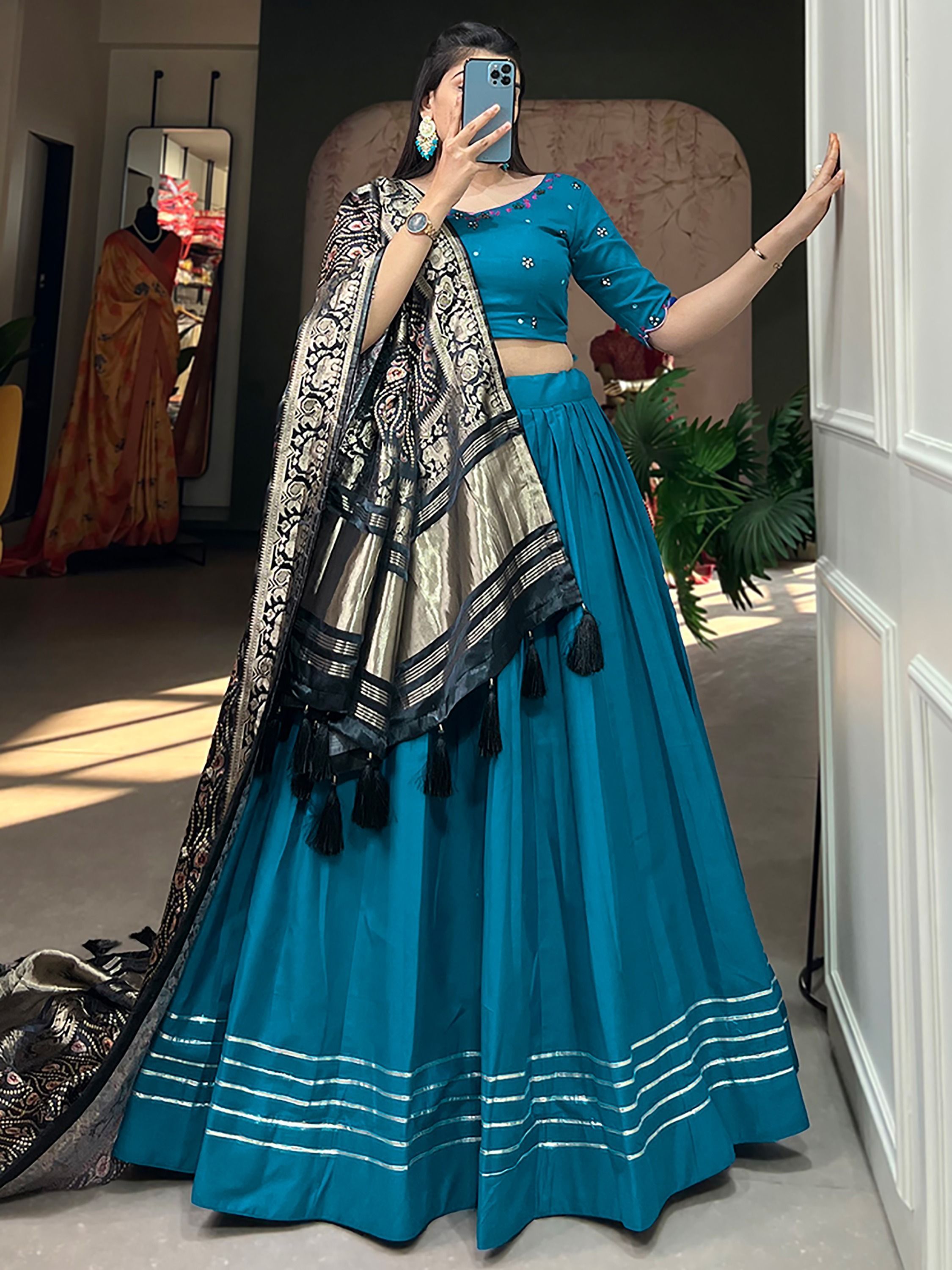 Rama Blue Cotton Plain Navratri Lehenga Choli With Gaji Silk Dupatta