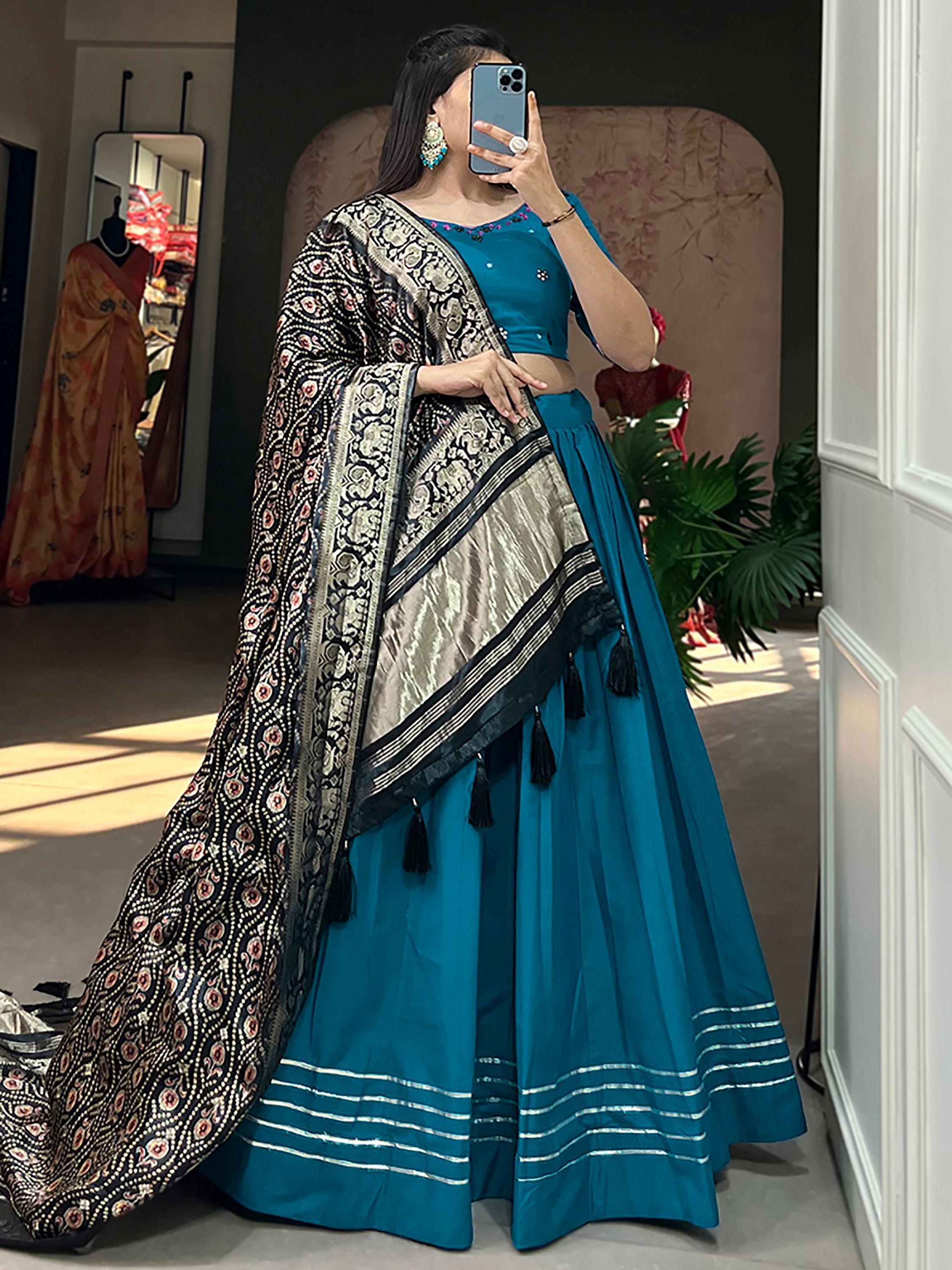 Rama Blue Cotton Plain Navratri Lehenga Choli With Gaji Silk Dupatta