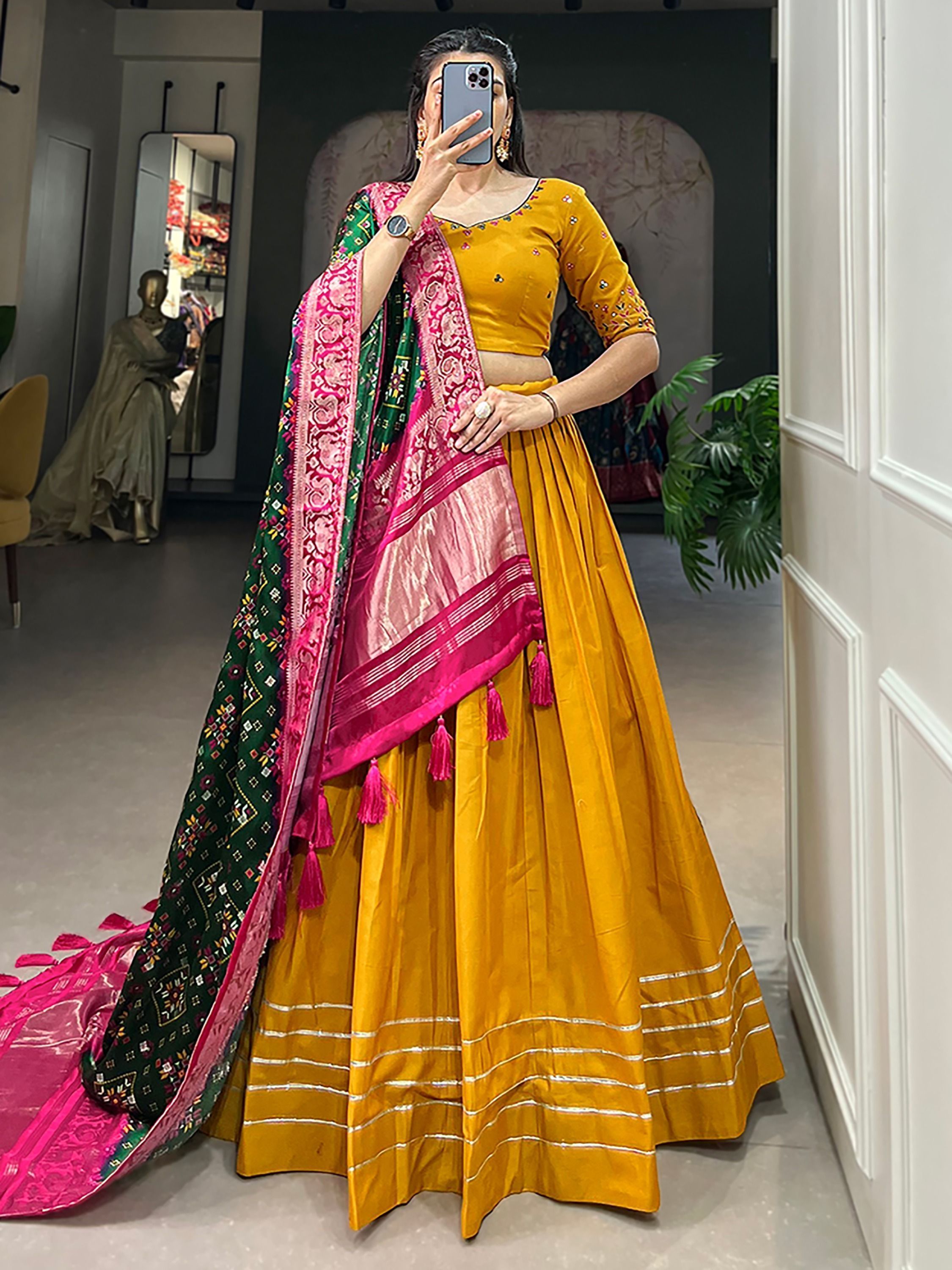 Mustard Cotton Plain Navratri Lehenga Choli With Gaji Silk Dupatta