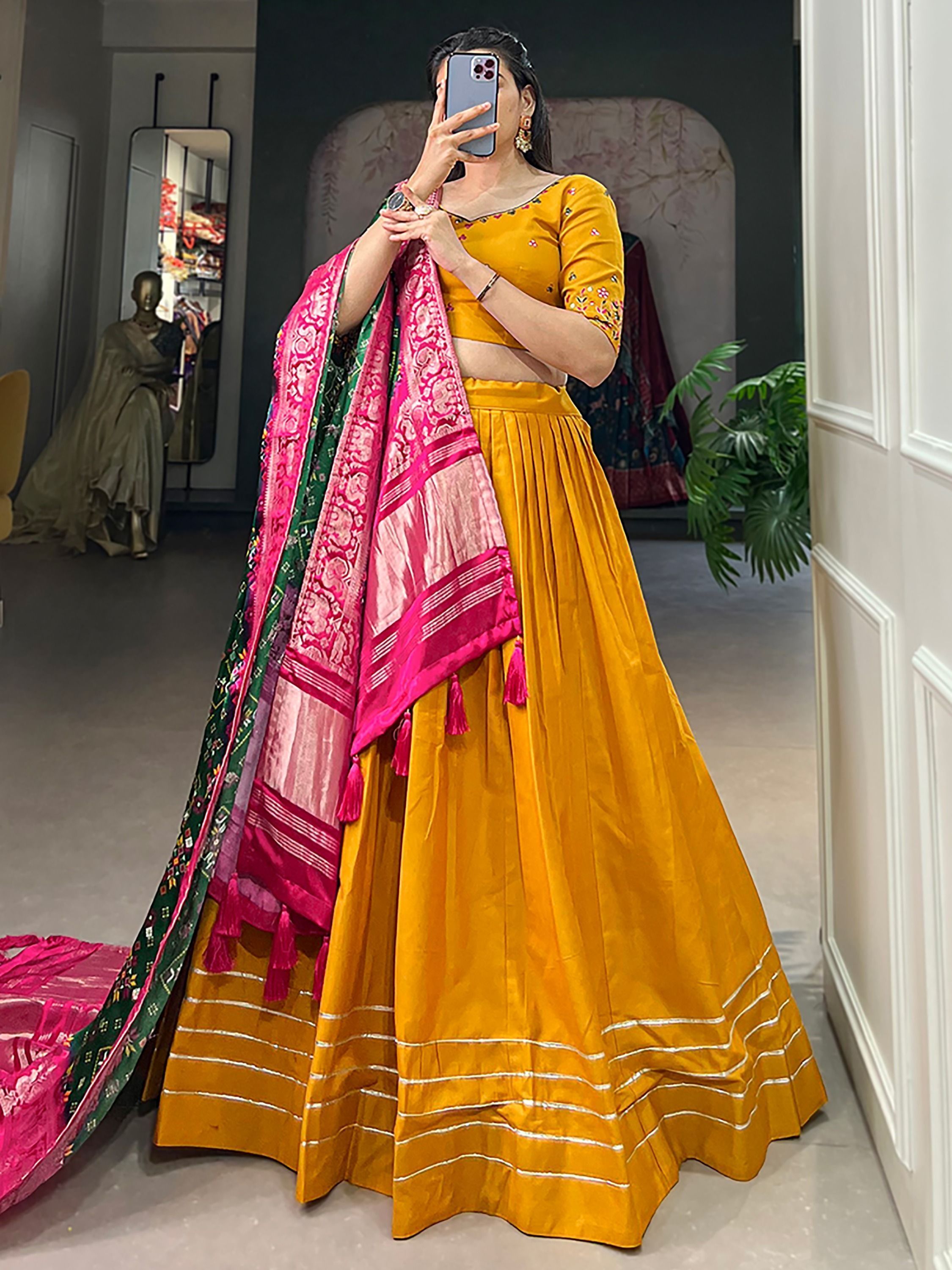 Mustard Cotton Plain Navratri Lehenga Choli With Gaji Silk Dupatta