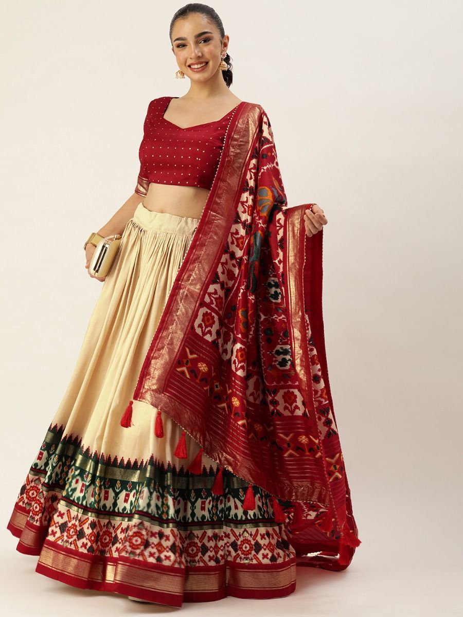 Off White Patola Printed Silk Garba Special Lehenga Choli