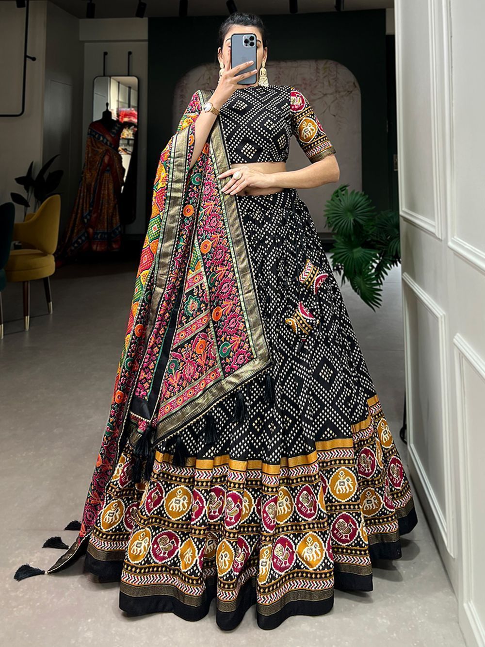 Black Bandhani Printed Tussar Silk Lehenga Choli For Garba