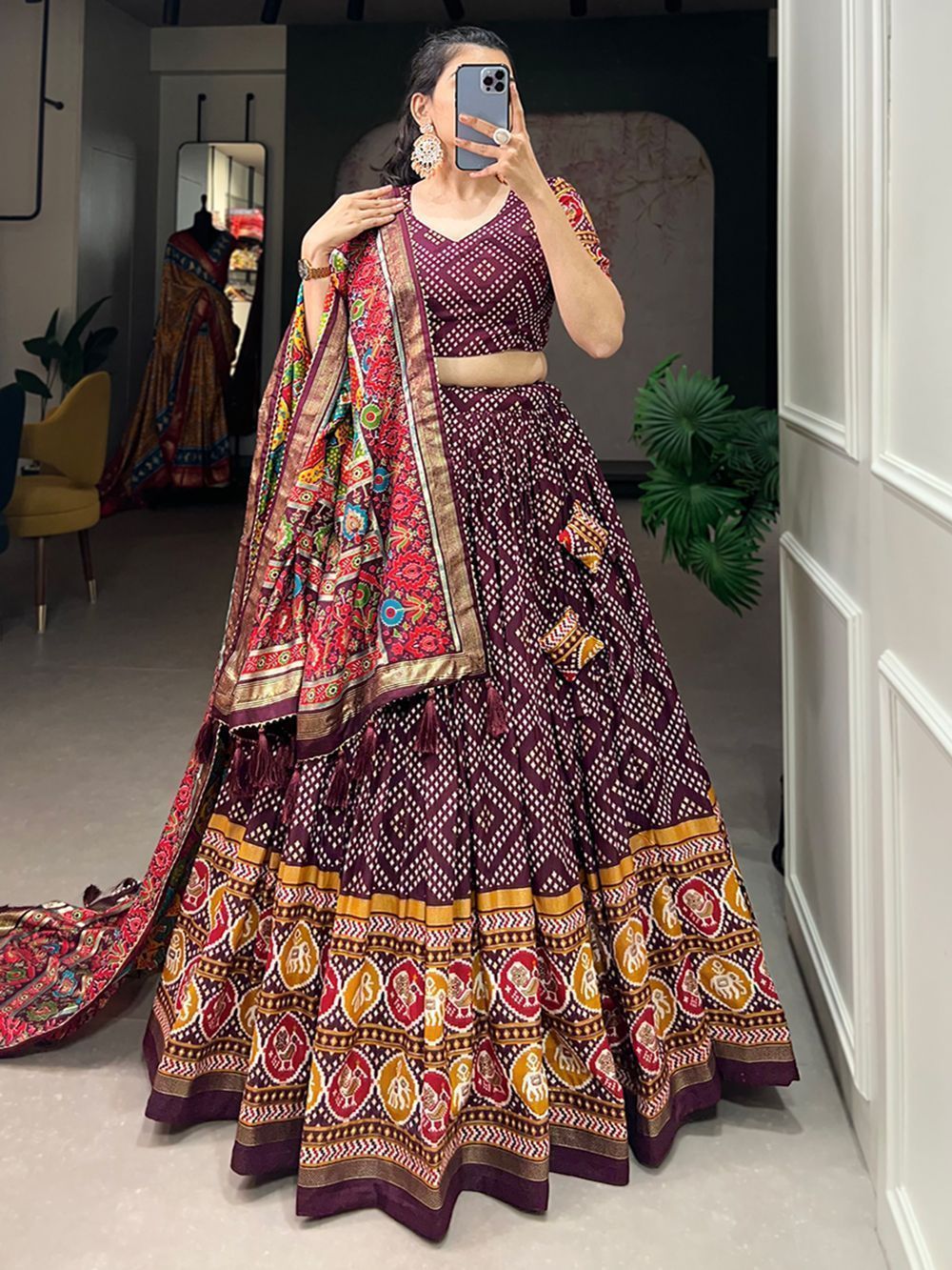 Wine Bandhani Printed Tussar Silk Lehenga Choli For Garba