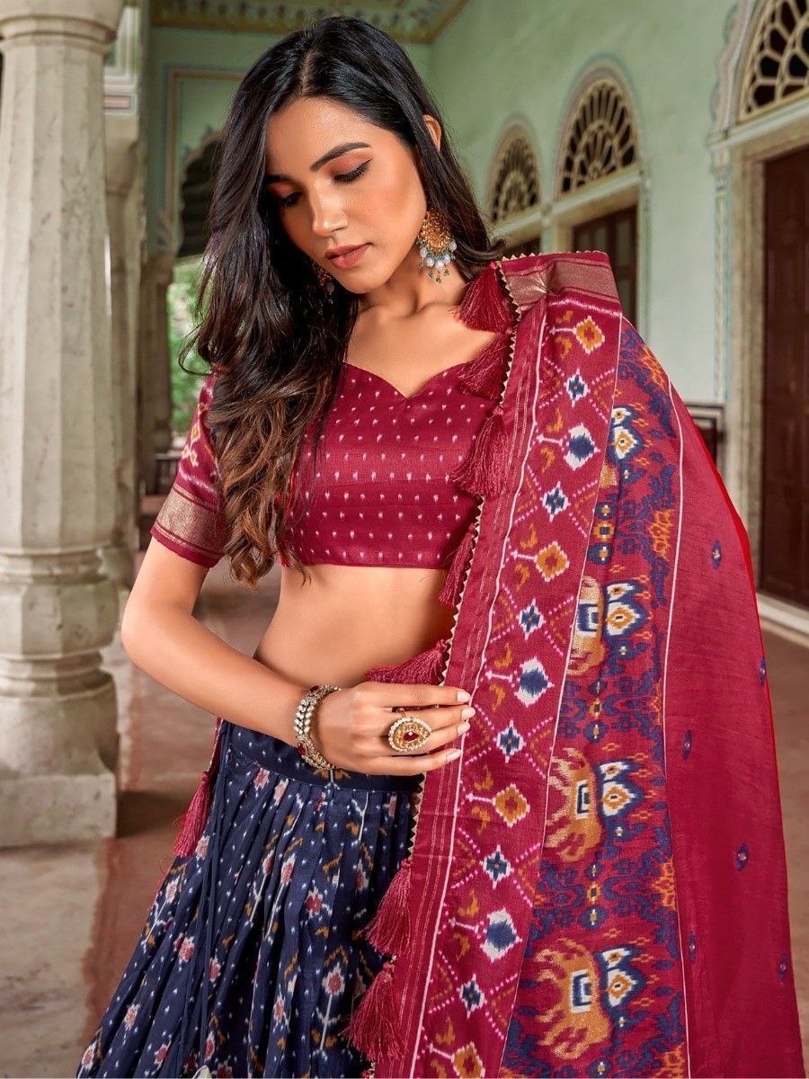 Navratri Wear Navy Blue Silk Patola Printed Lehenga Choli