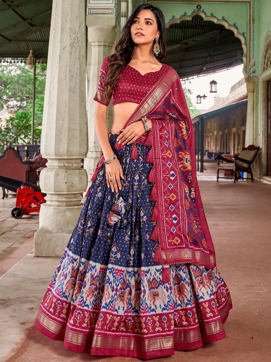 Navratri Wear Navy Blue Silk Patola Printed Lehenga Choli