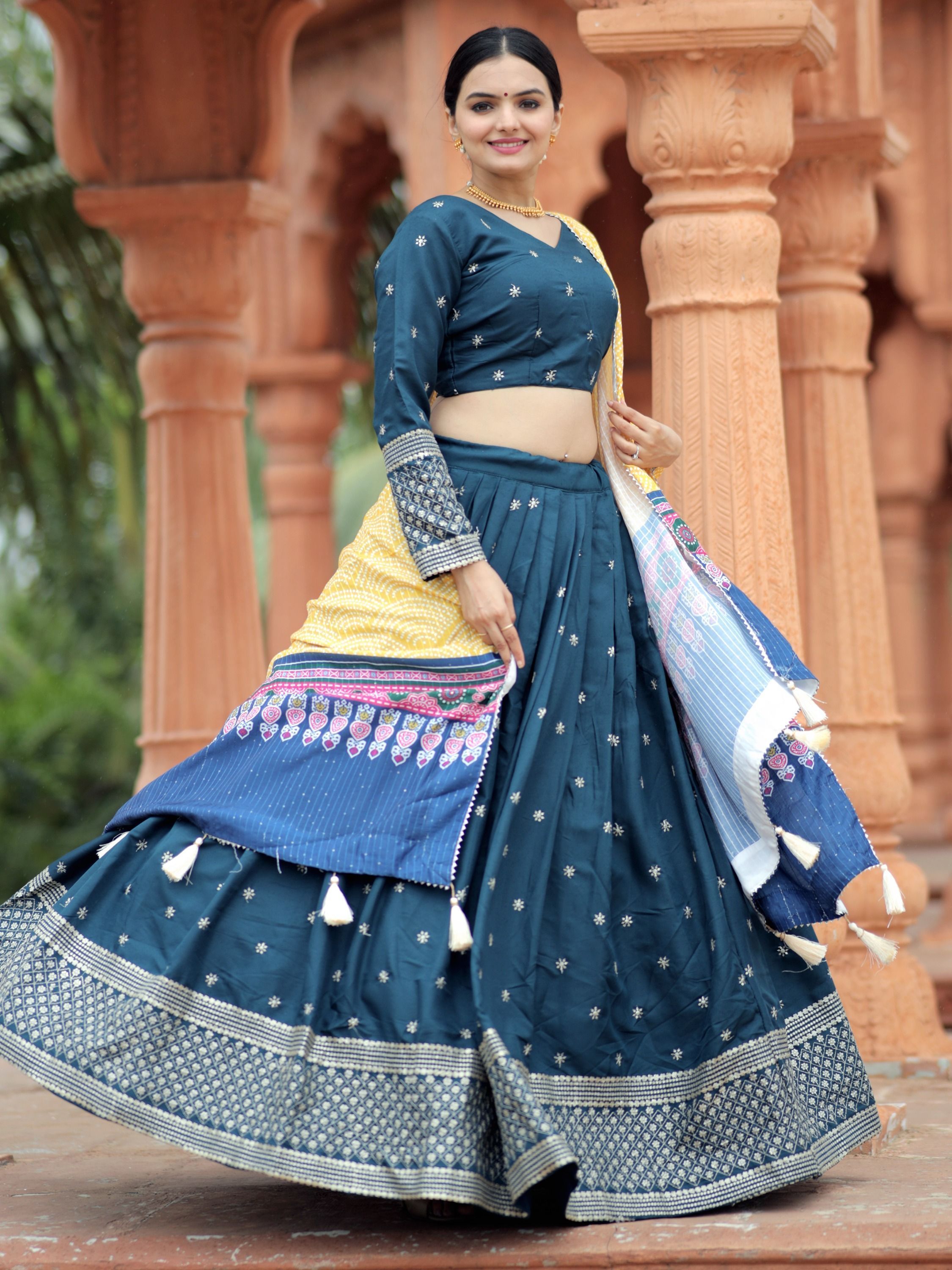 Teal Blue Foil Printed Silk Lehenga Choli For Garba