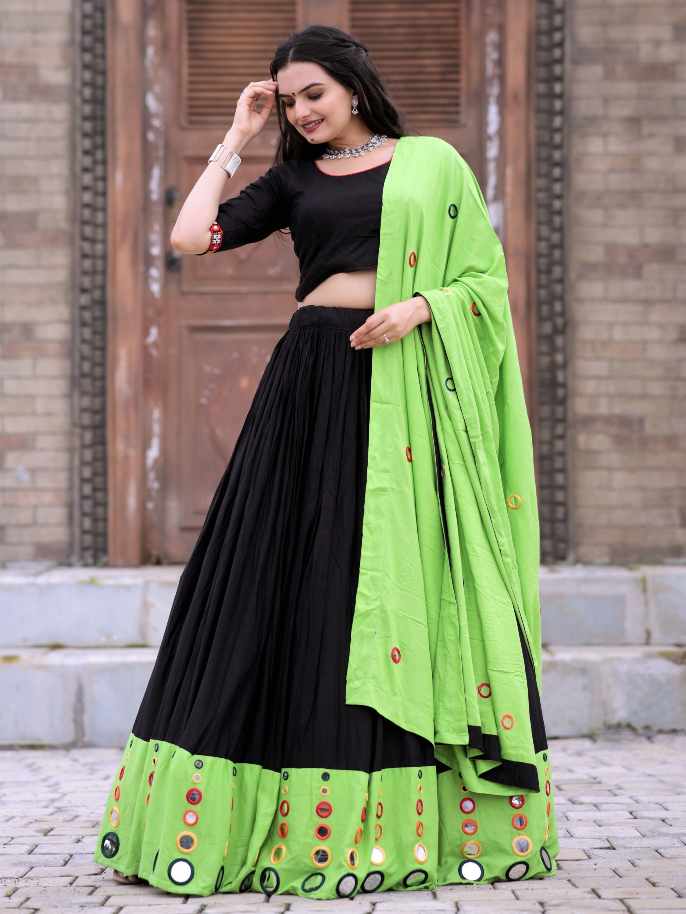 Parrot Green & Black Mirror Worked Rayon Navratri Lehenga Choli