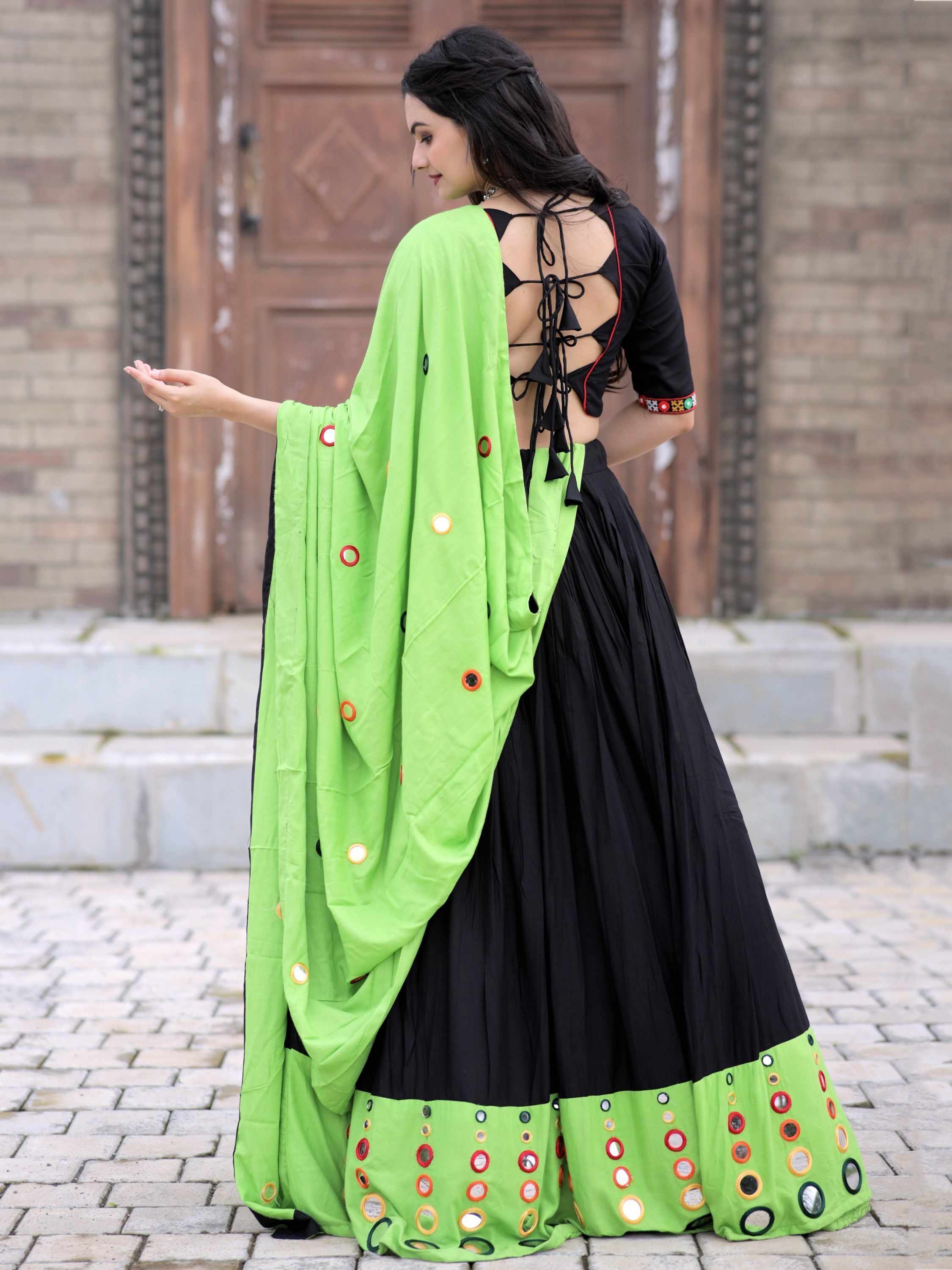 Parrot Green & Black Mirror Worked Rayon Navratri Lehenga Choli