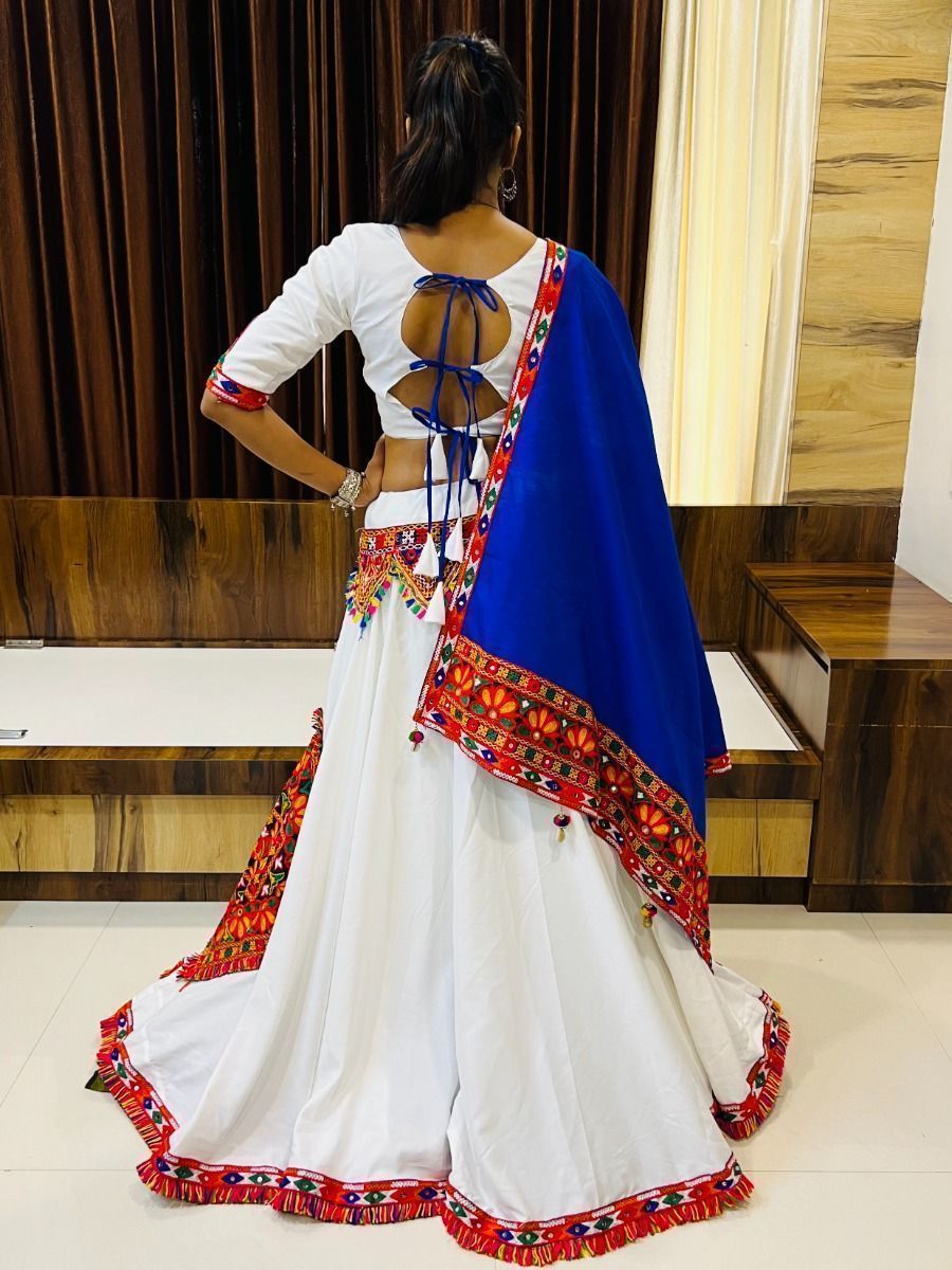 Blue & White Gamthi Work Cotton Navratri Lehenga Choli