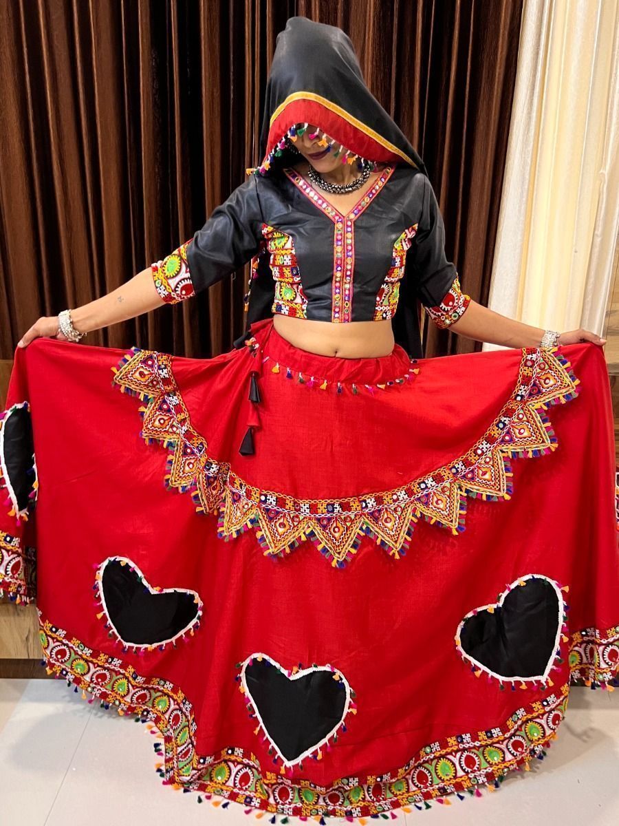 Red & Black Gamthi Work Cotton Navratri Lehenga Choli