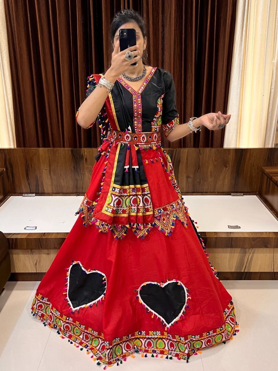 Red & Black Gamthi Work Cotton Navratri Lehenga Choli