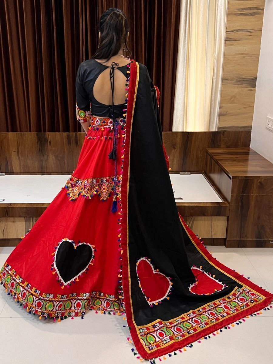 Red & Black Gamthi Work Cotton Navratri Lehenga Choli