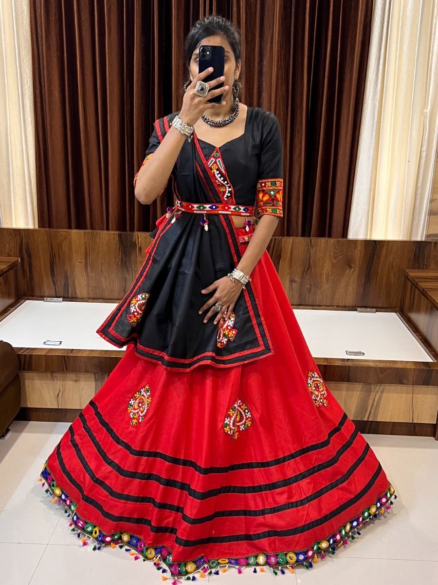 Black & Red Gamthi Work Cotton Navratri Lehenga Choli