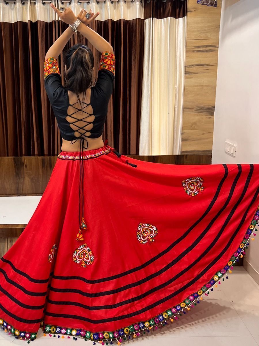 Black & Red Gamthi Work Cotton Navratri Lehenga Choli