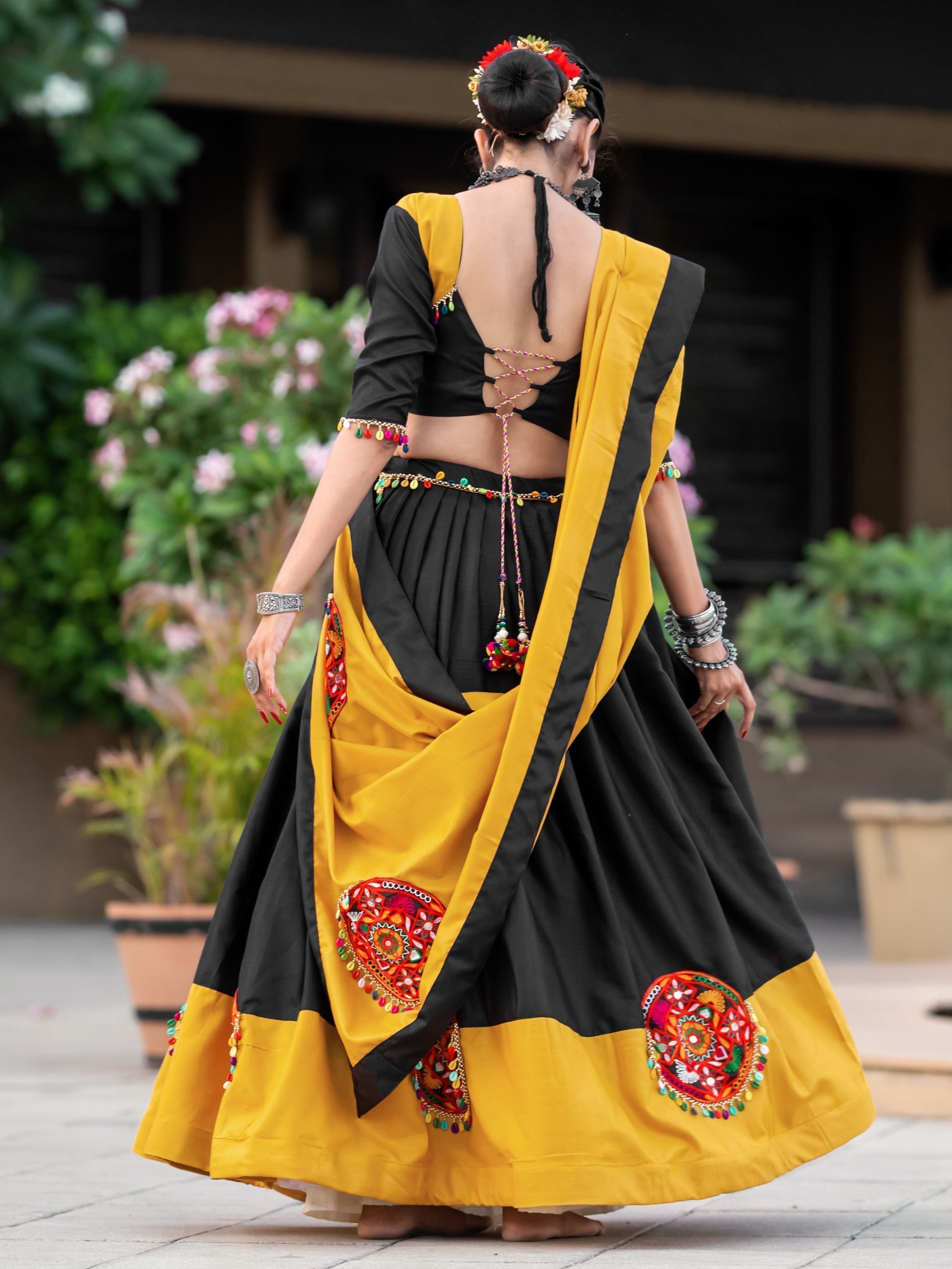Black & Yellow Gamthi Work Cotton Navratri Lehenga Choli