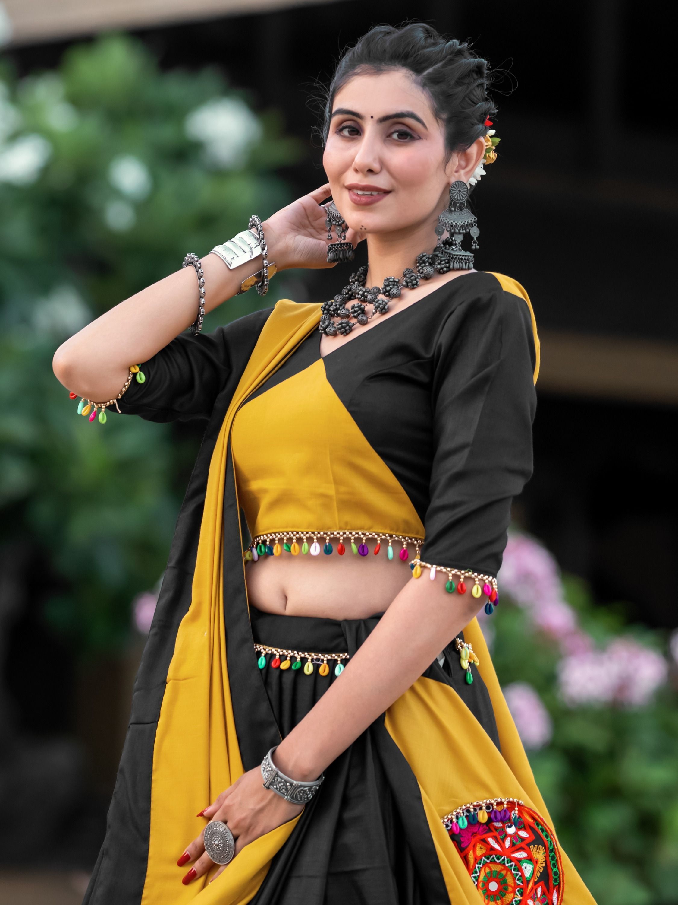 Black & Yellow Gamthi Work Cotton Navratri Lehenga Choli