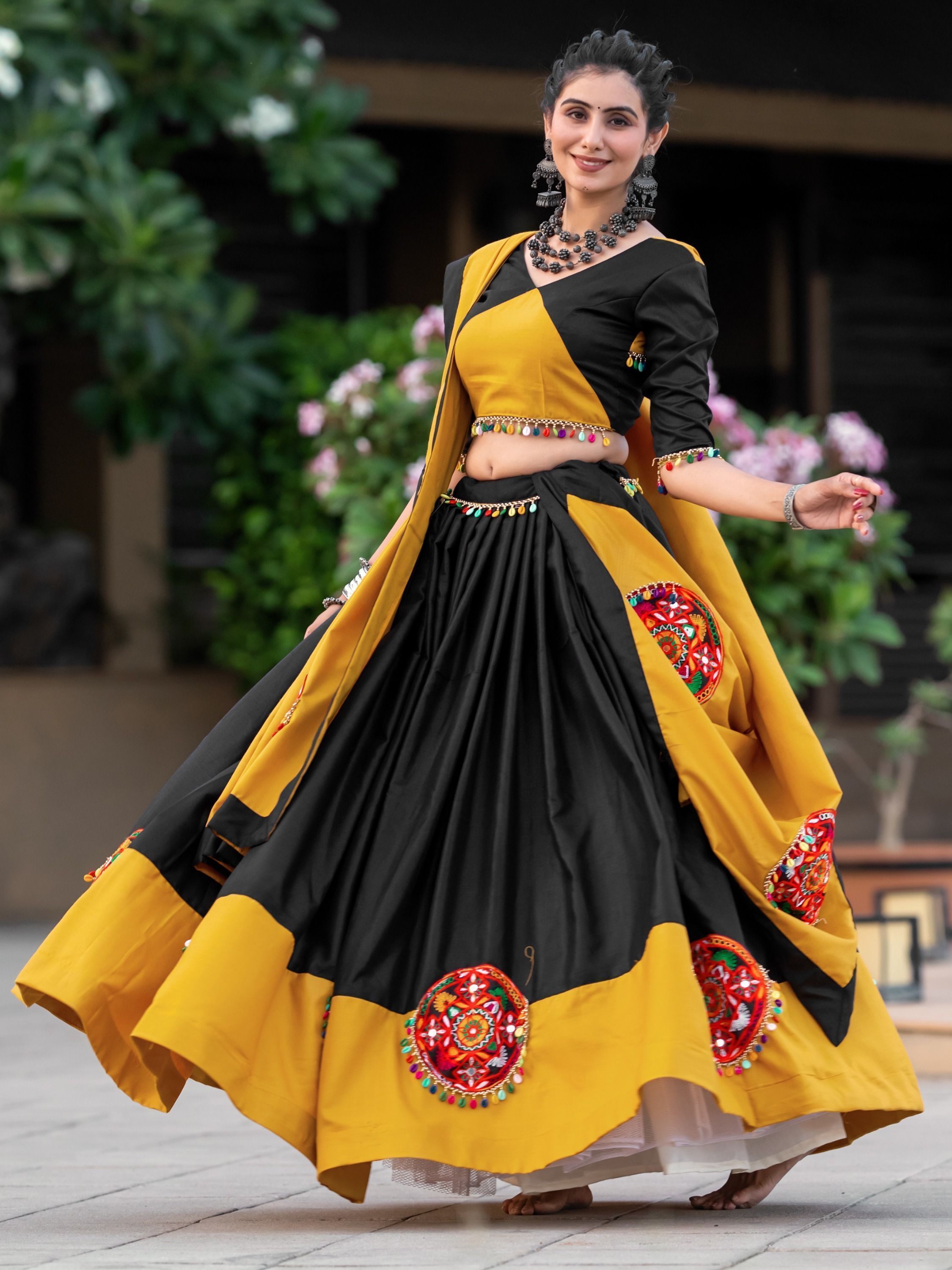 Black & Yellow Gamthi Work Cotton Navratri Lehenga Choli