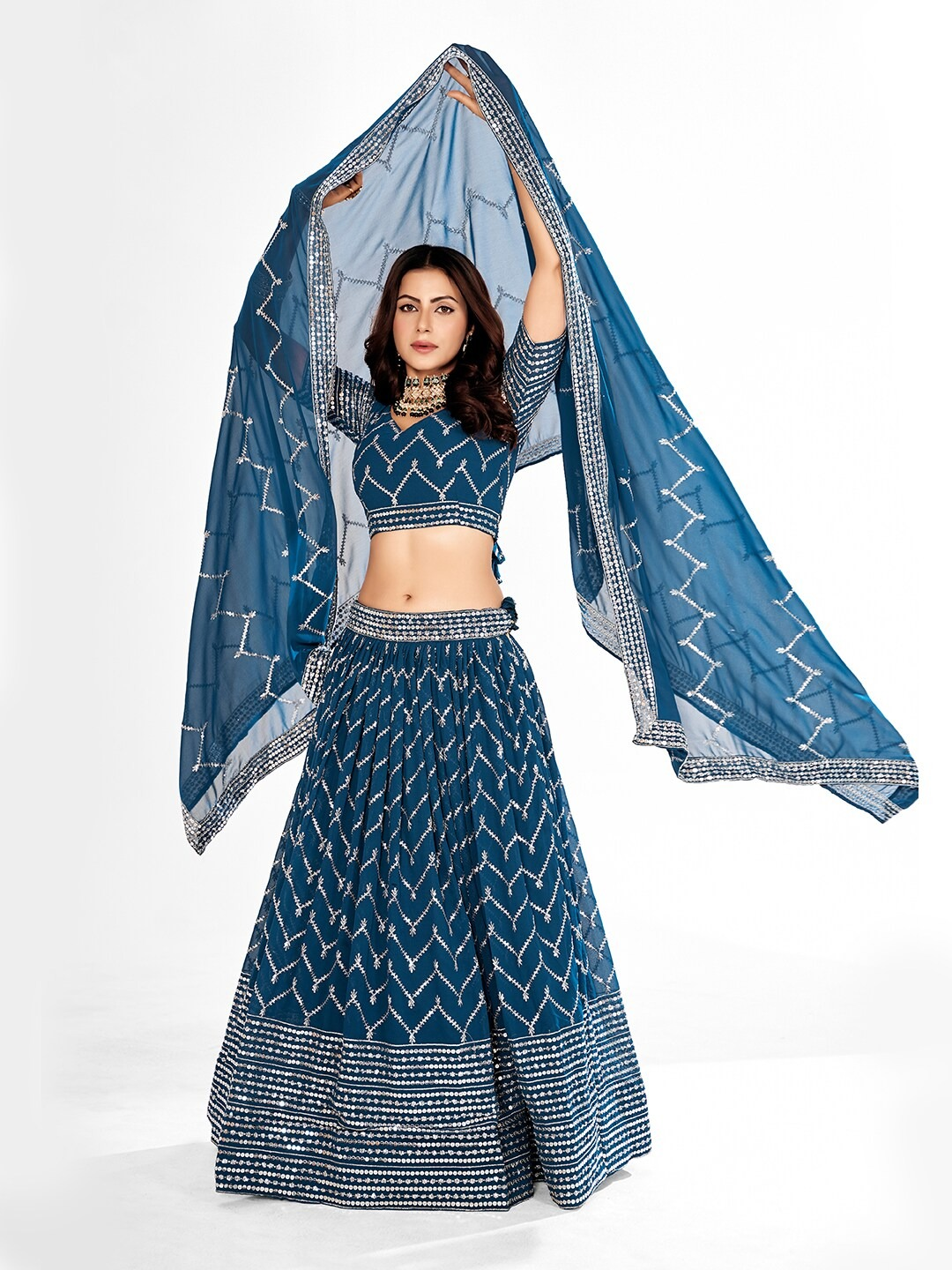 Blue Embroidered Sequined Semi-Stitched Lehenga Choli