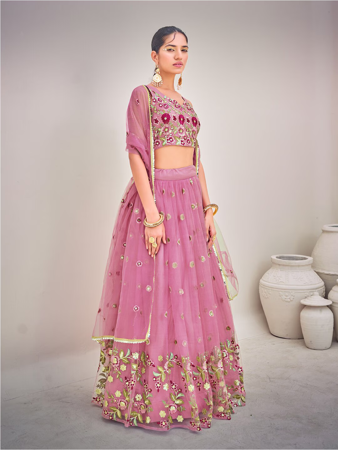 Light Pink Sequins Semi Stitch Lehenga Choli