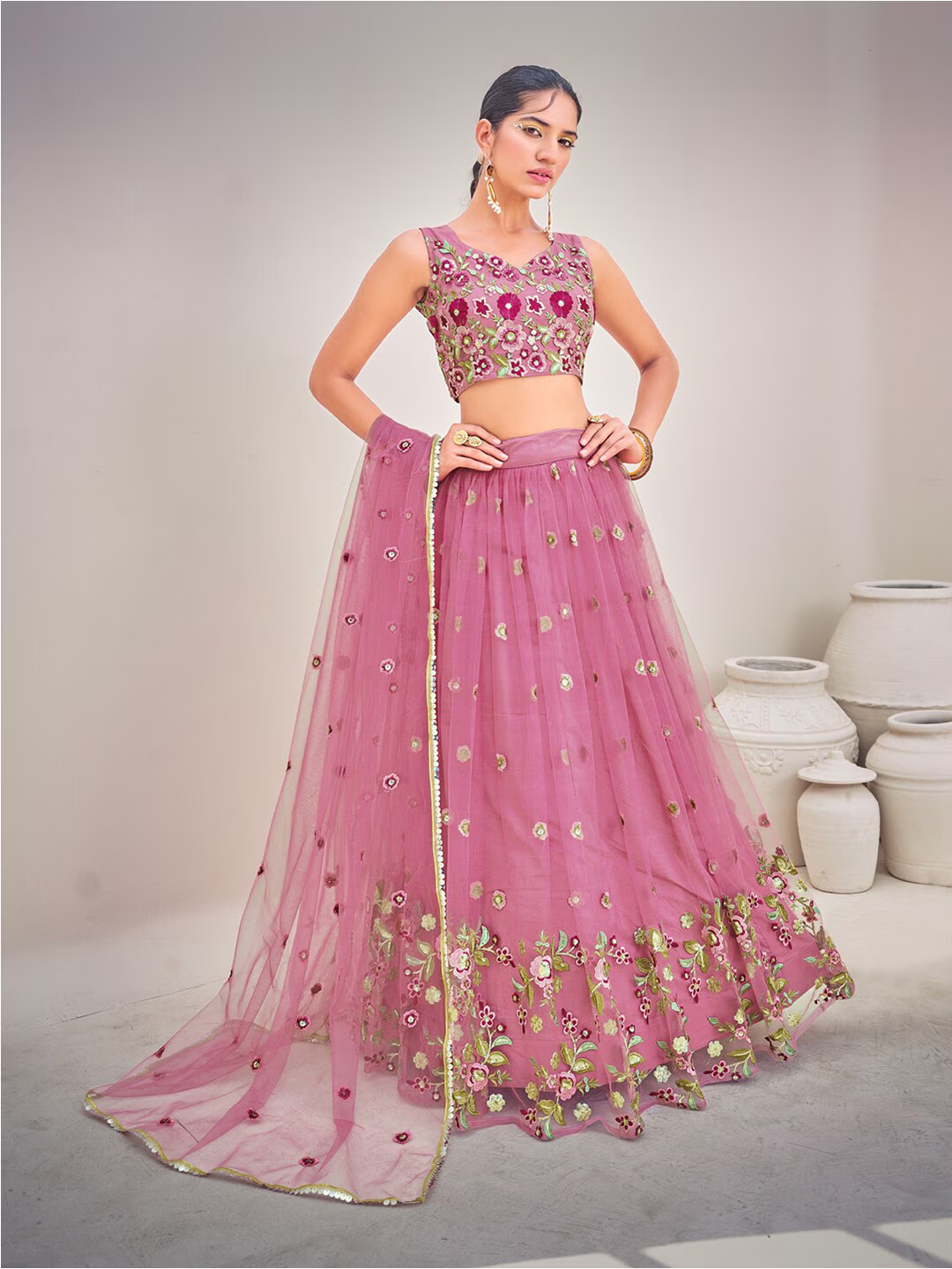 Light Pink Sequins Semi Stitch Lehenga Choli