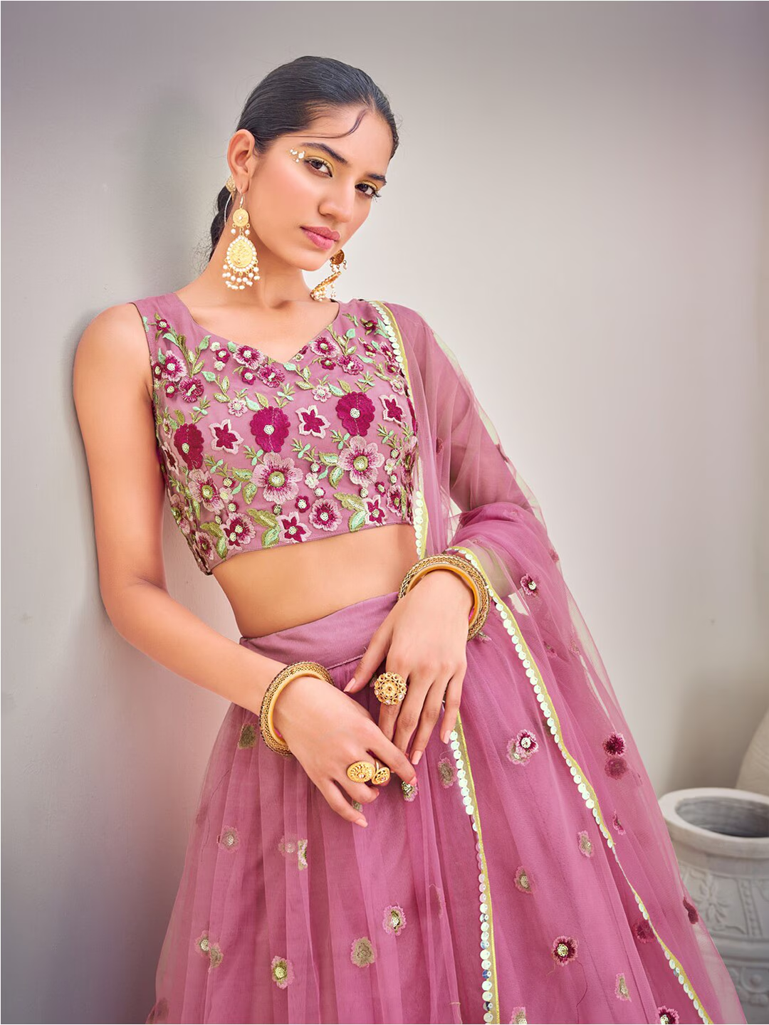 Light Pink Sequins Semi Stitch Lehenga Choli