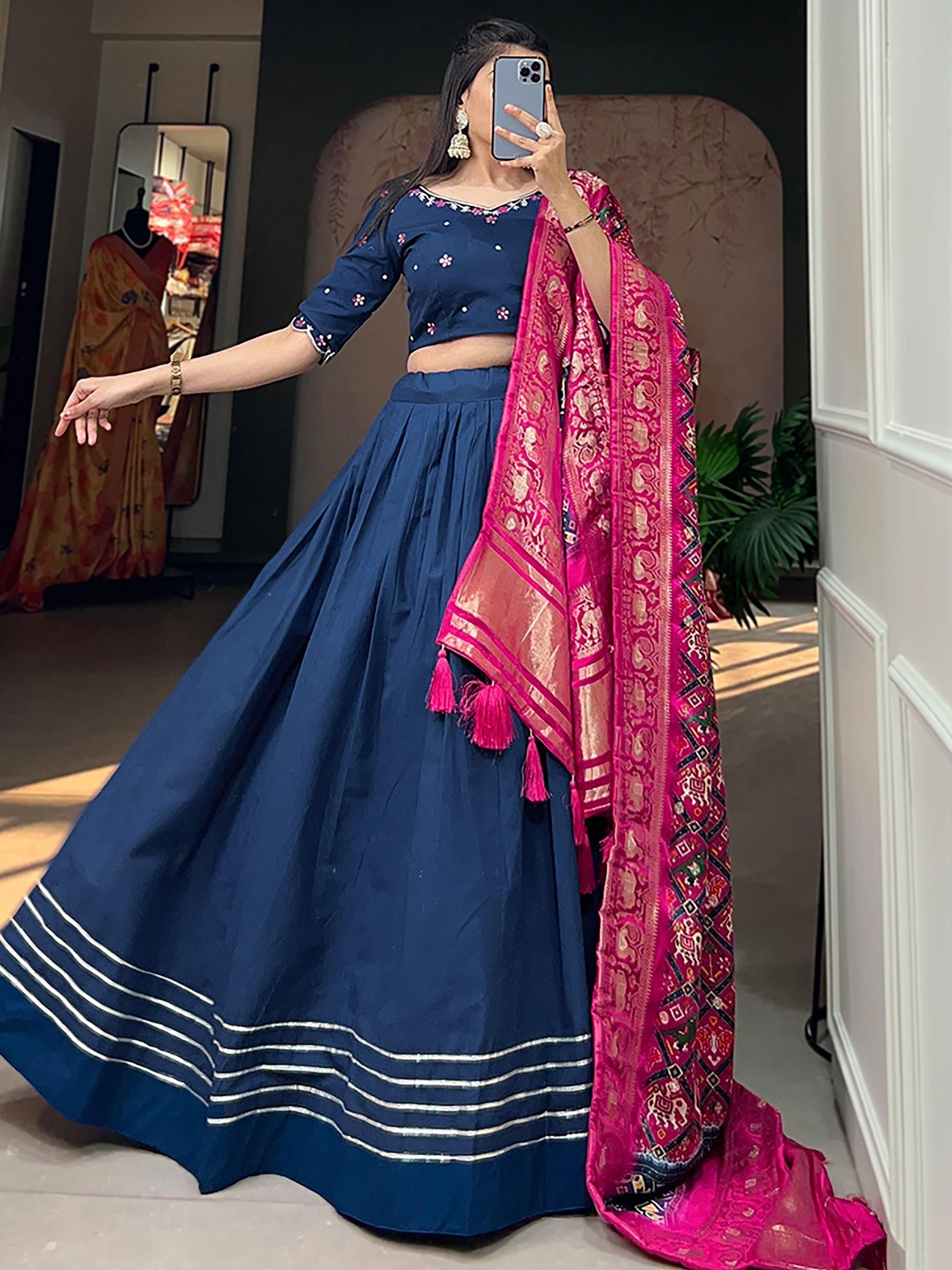 Blue Cotton Plain Navratri Lehenga Choli With Gaji Silk Dupatta