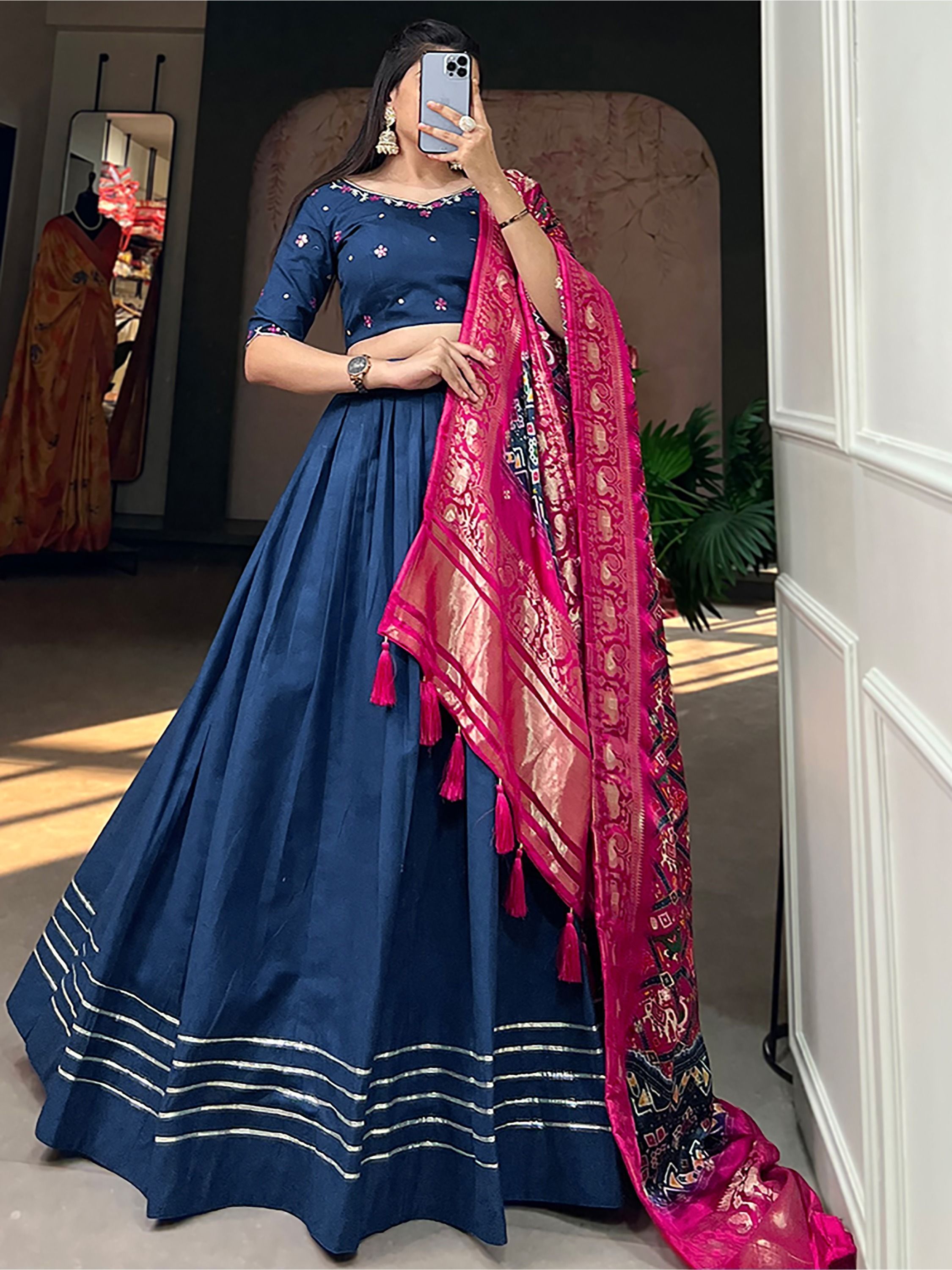 Blue Cotton Plain Navratri Lehenga Choli With Gaji Silk Dupatta