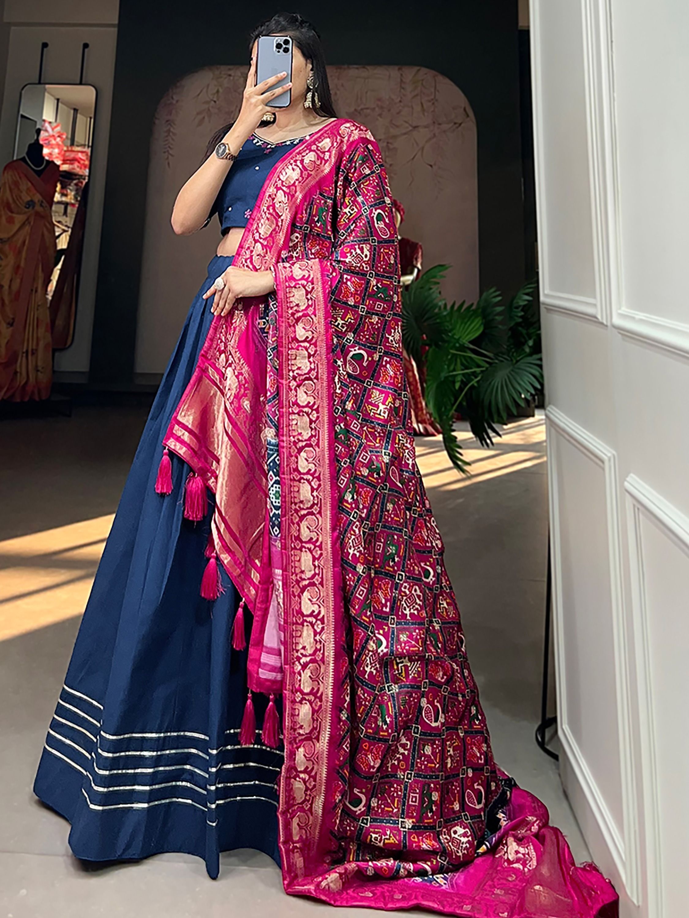 Blue Cotton Plain Navratri Lehenga Choli With Gaji Silk Dupatta