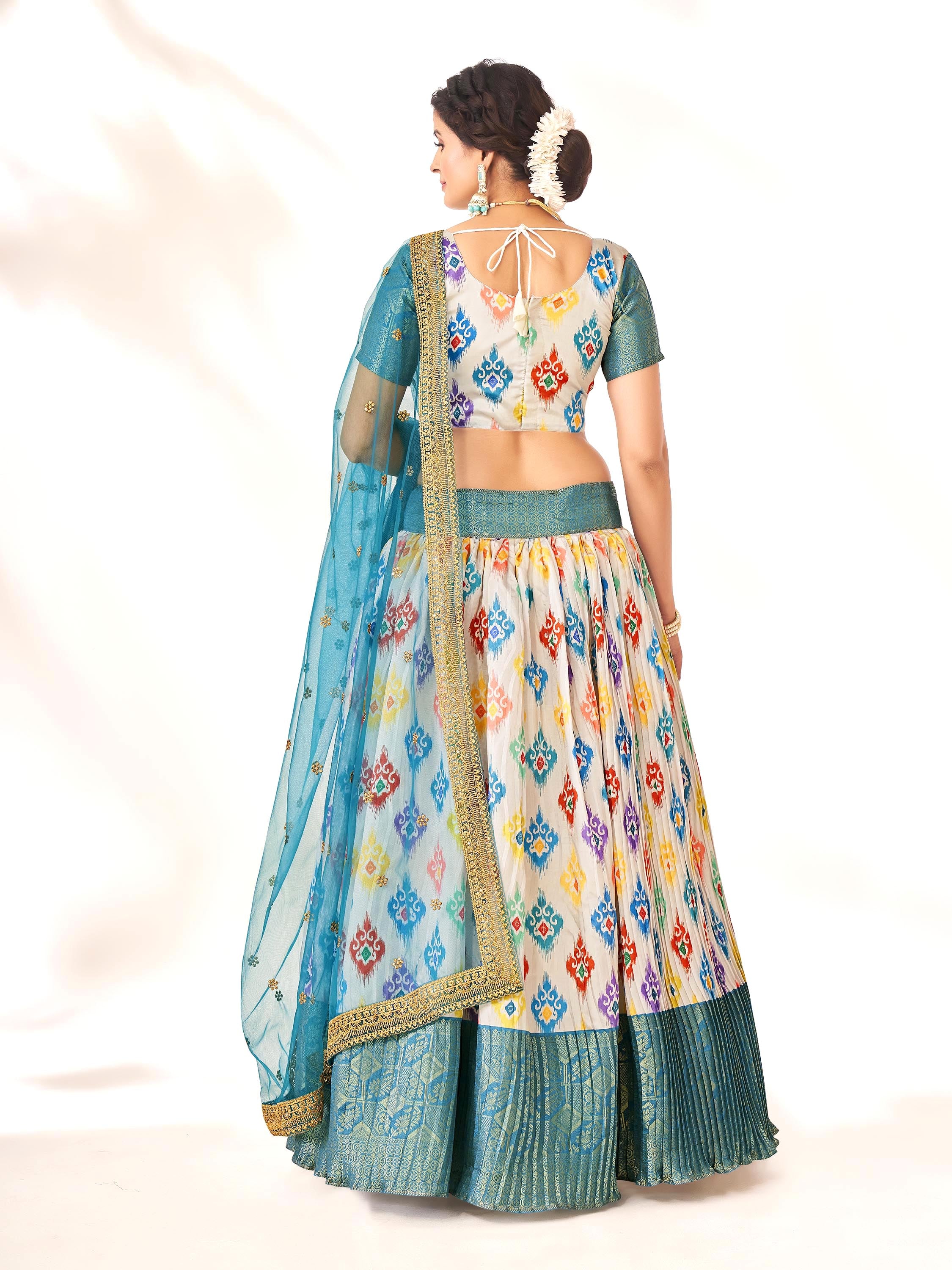 Stunning Off White & Steel Blue Digital Printed Weaving Work Banarasi Pattu Half Saree Lehenga