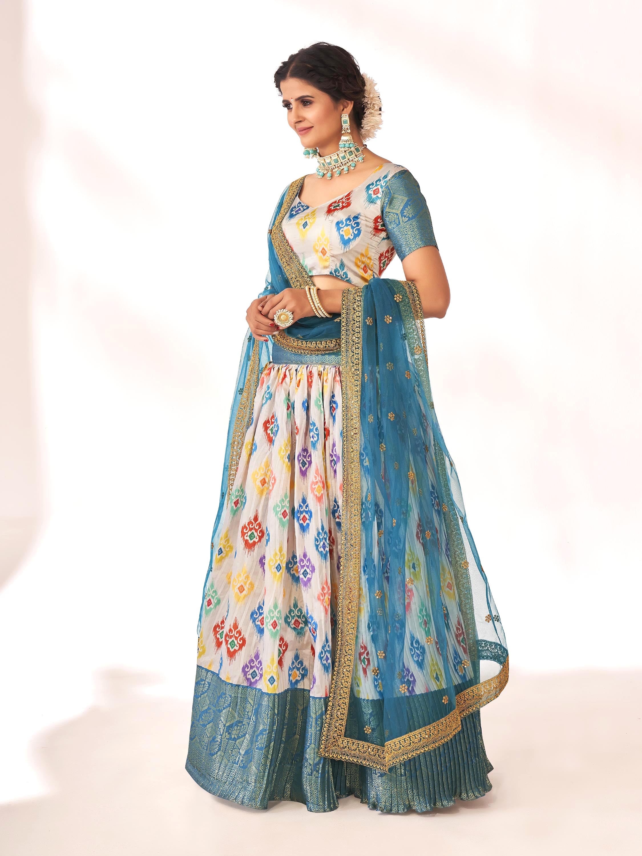 Stunning Off White & Steel Blue Digital Printed Weaving Work Banarasi Pattu Half Saree Lehenga