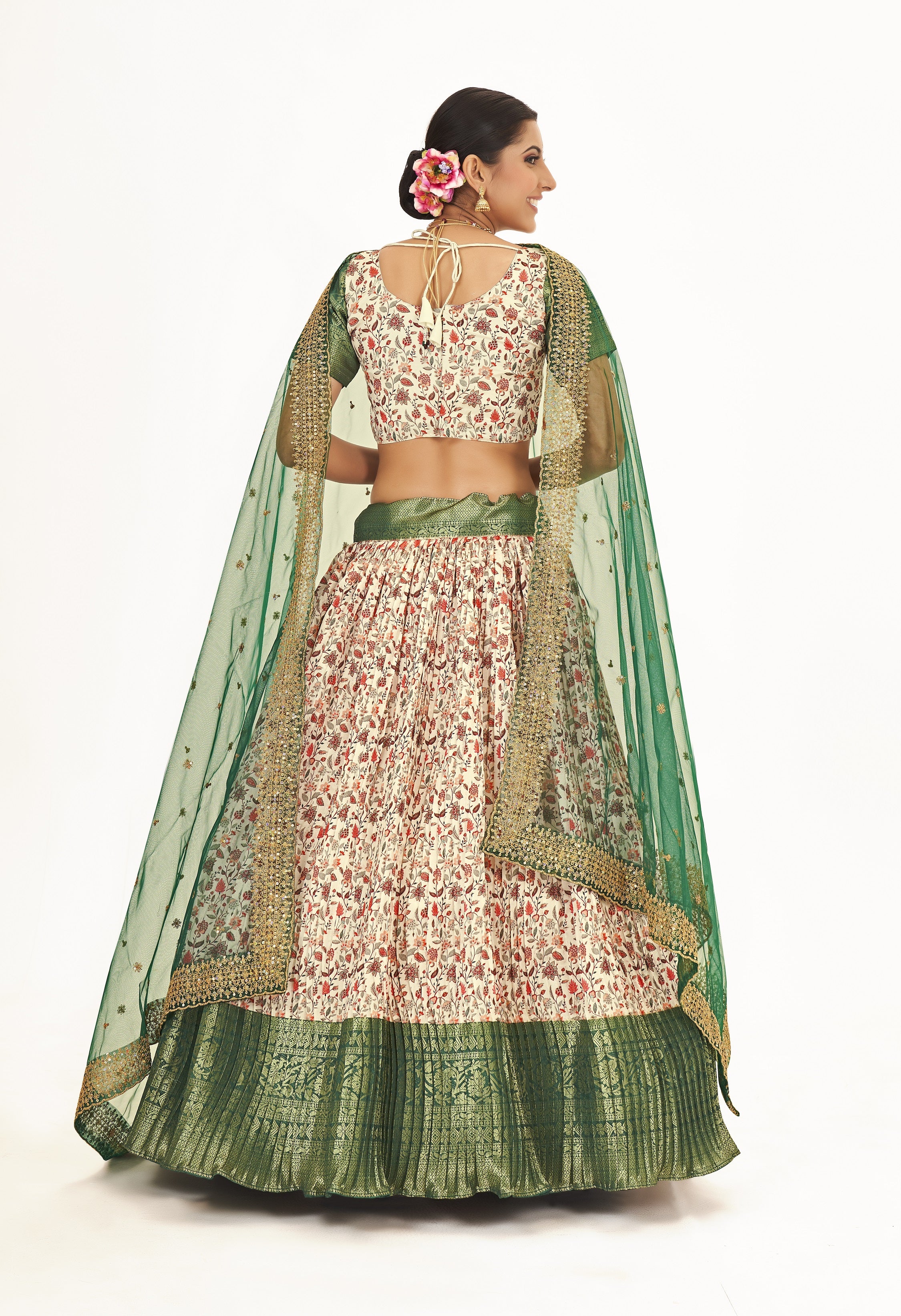 Superb Off White & Green Floral Printed Weaving Work Banarasi Silk Half Saree Lehenga Choli